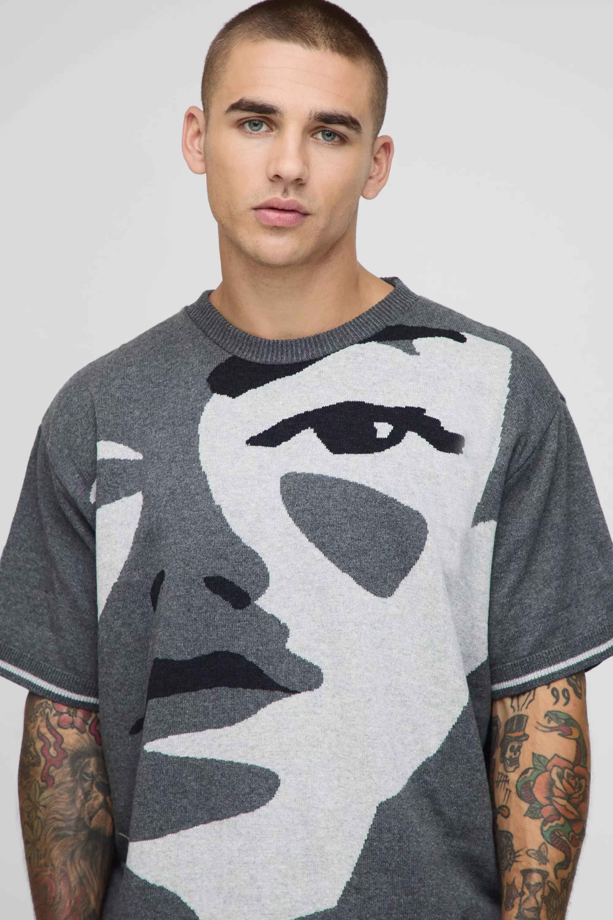 Oversized Boxy Face Jacquard Knitted T-shirt | boohooMAN USA