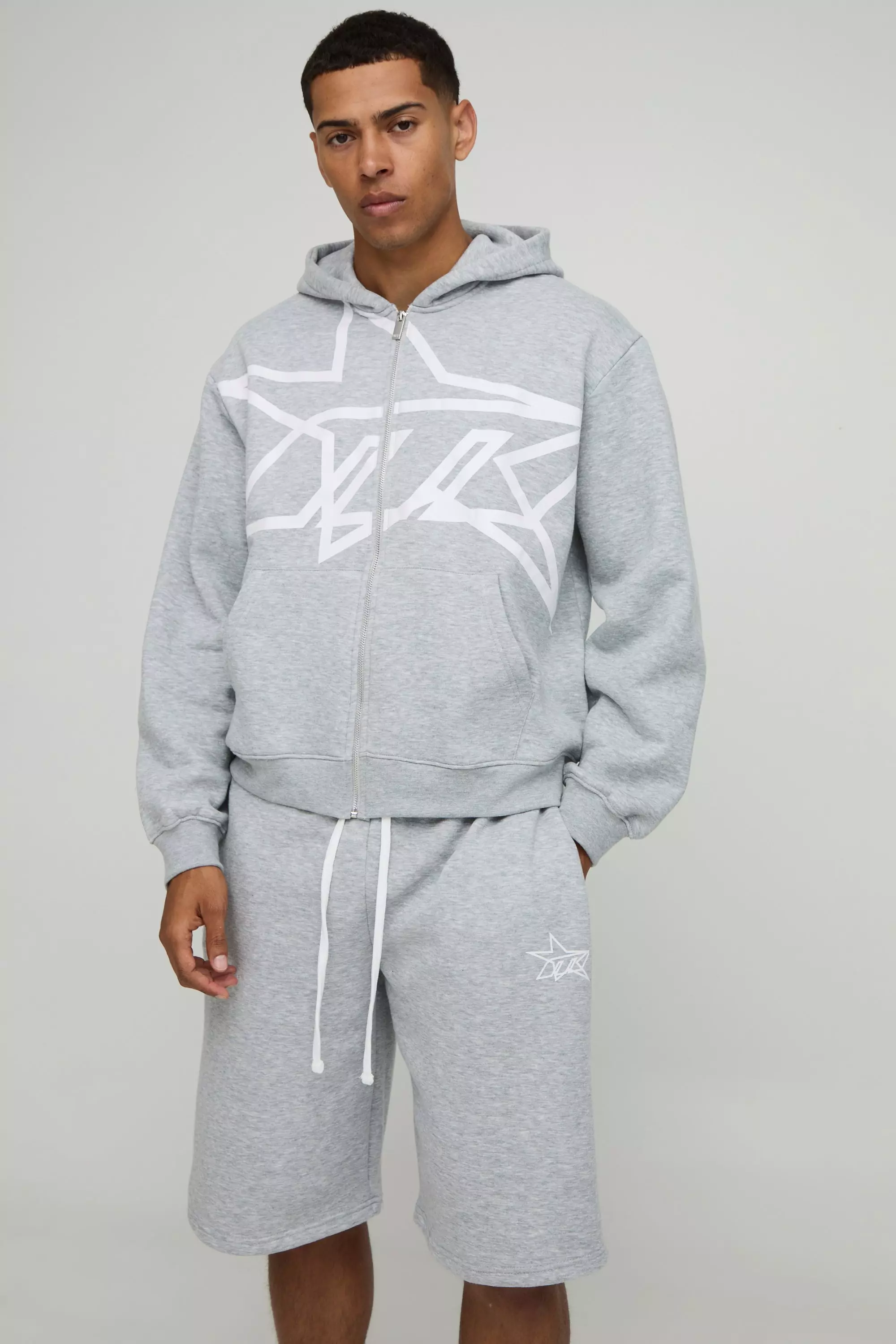 Oversized Boxy Star Printed Zip Through Short Tracksuit Grey marl