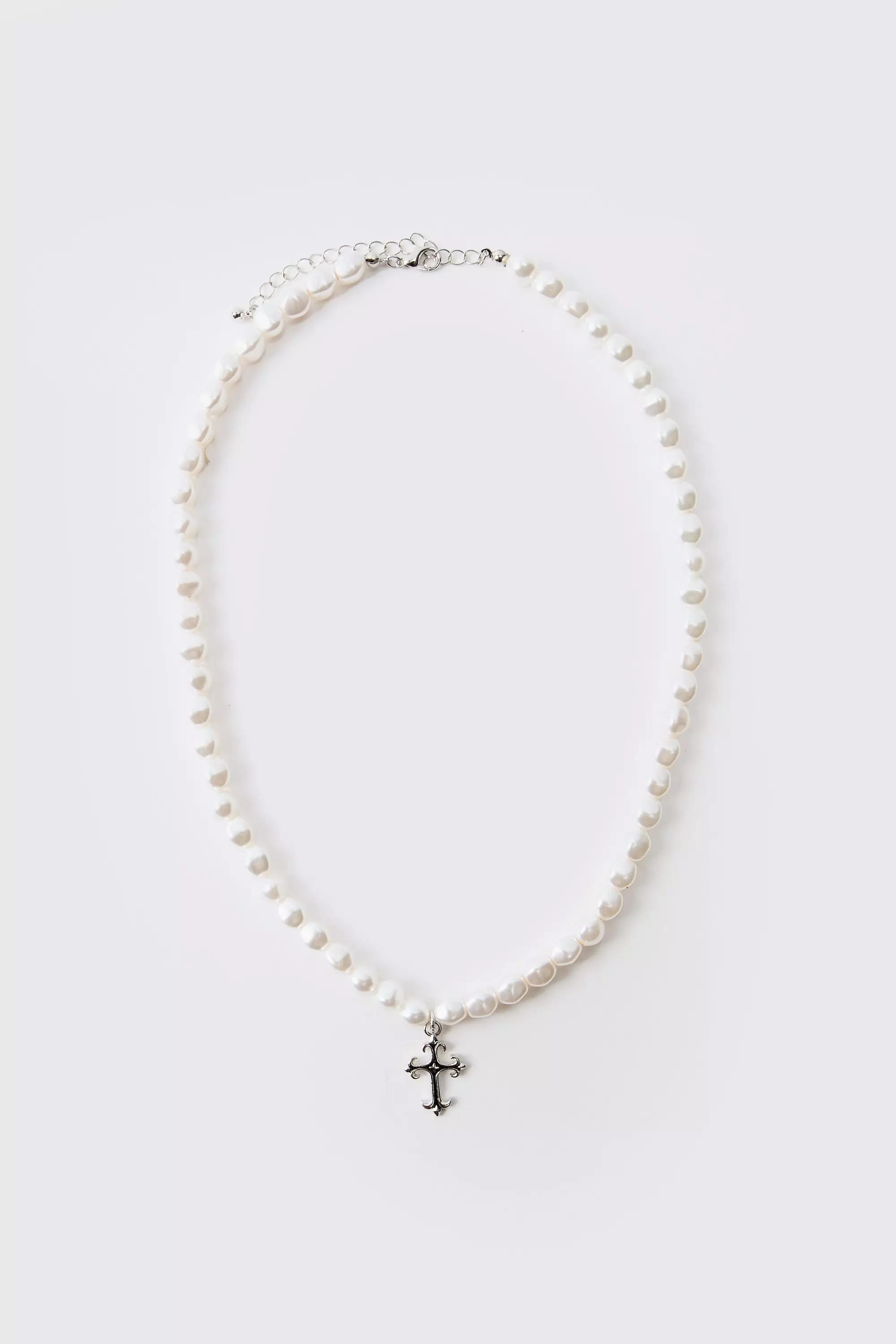 Gothic Cross Pearl Necklace White
