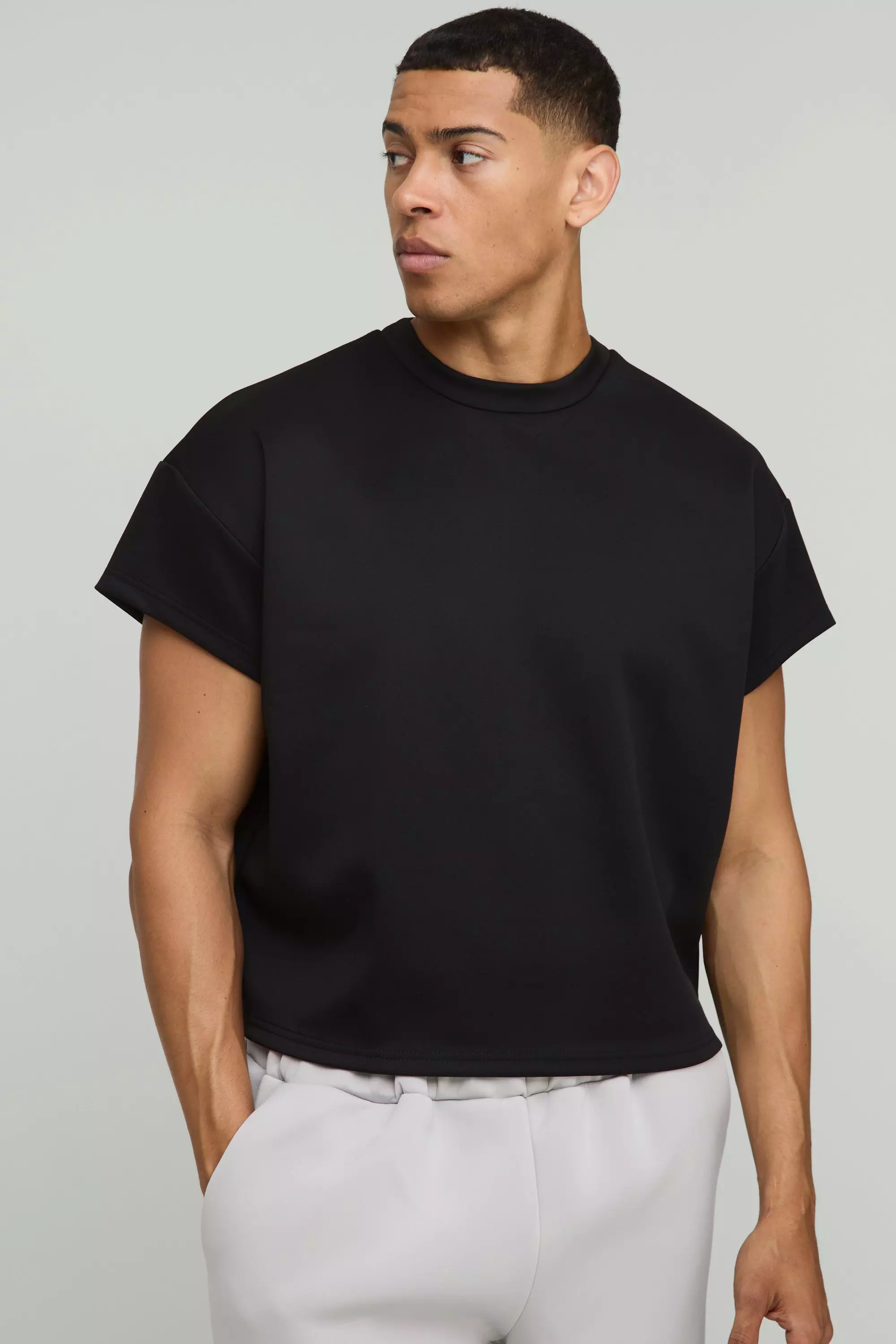 Oversized Shrunken Boxy Cap Sleeve Scuba T-Shirt Black