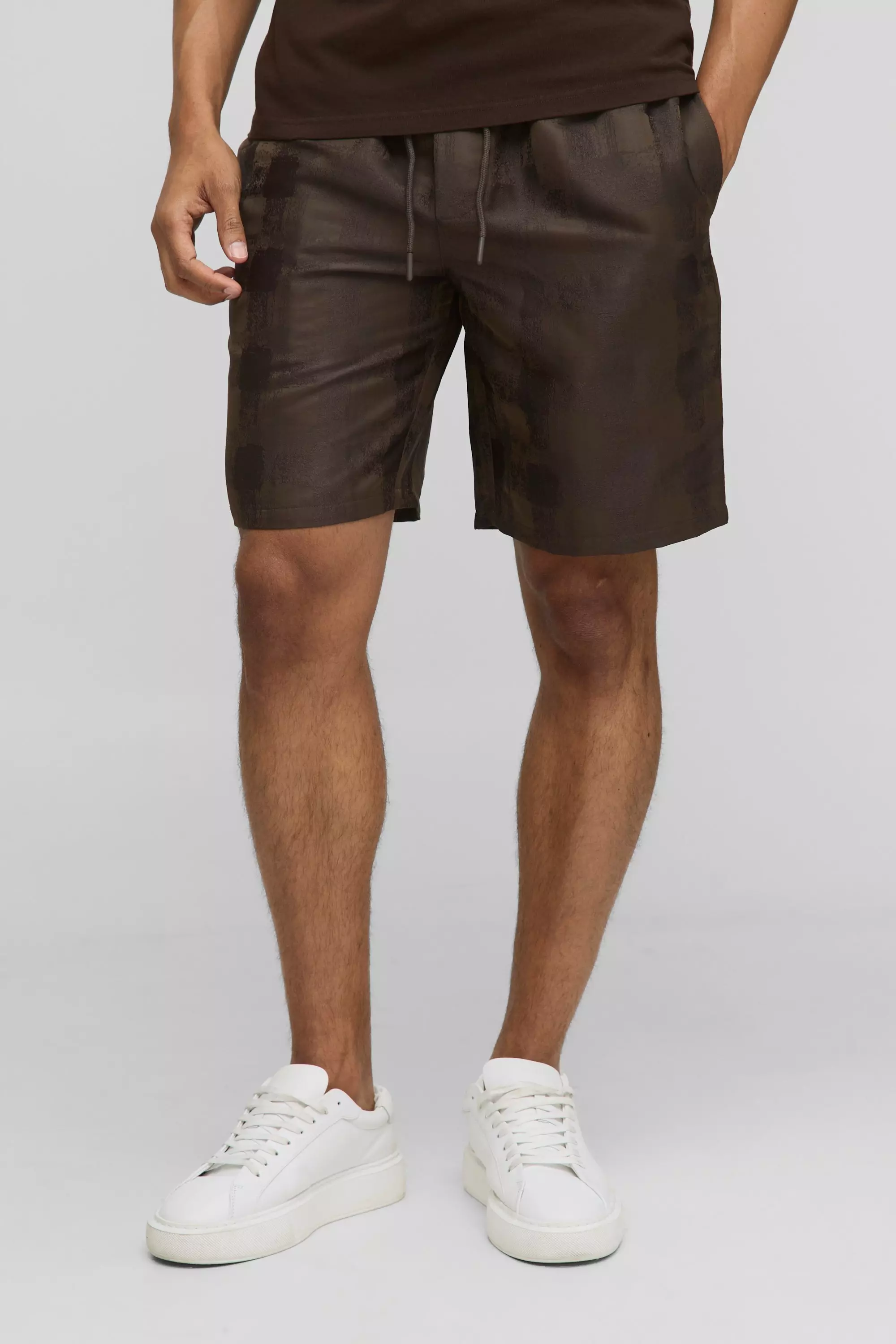 Elasticated Waist Relaxed Fit Satin Textured Shorts Brown