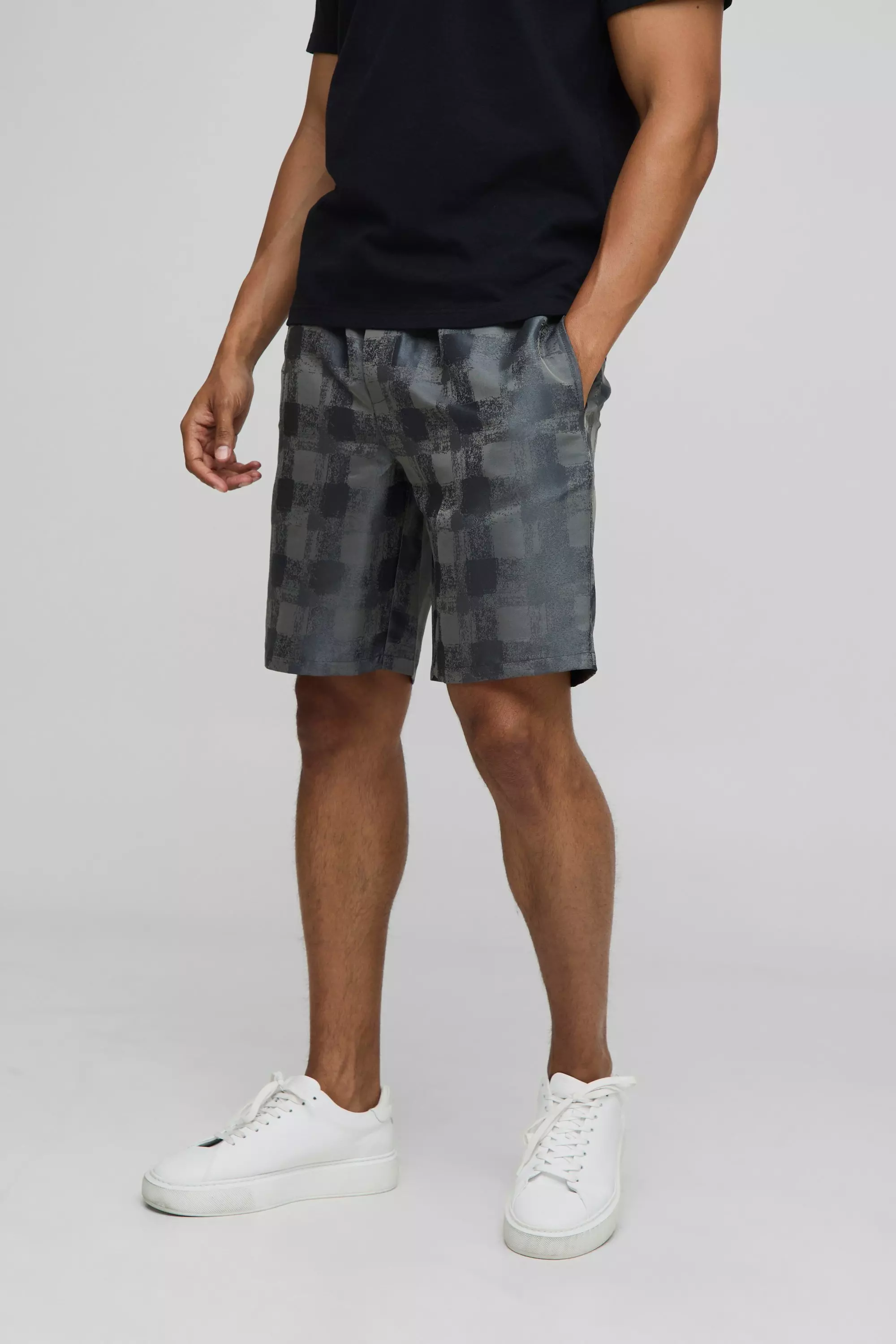 Grey Elasticated Waist Relaxed Fit Satin Textured Shorts