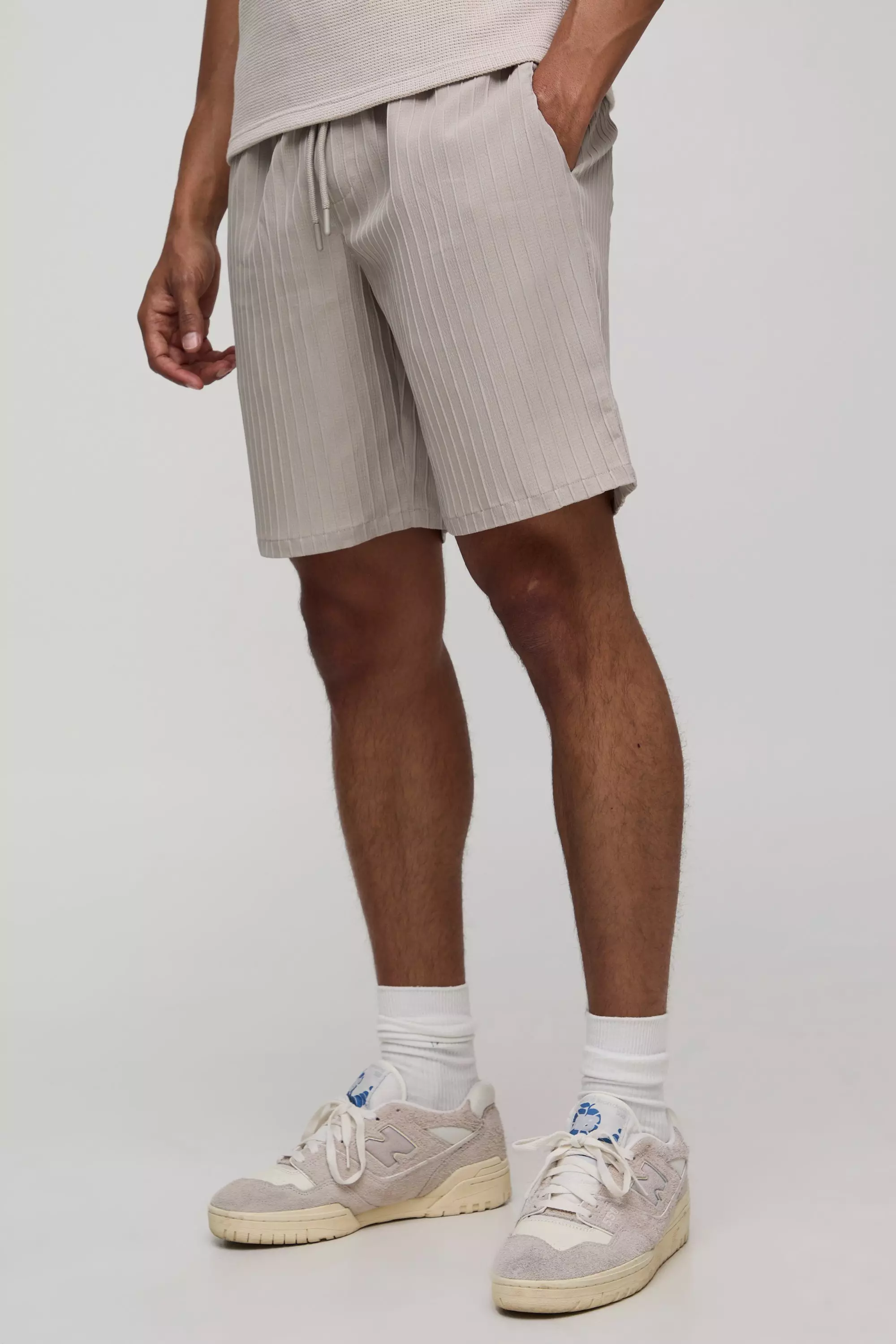 Elasticated Waist Relaxed Fit Textured Stripe Shorts Beige