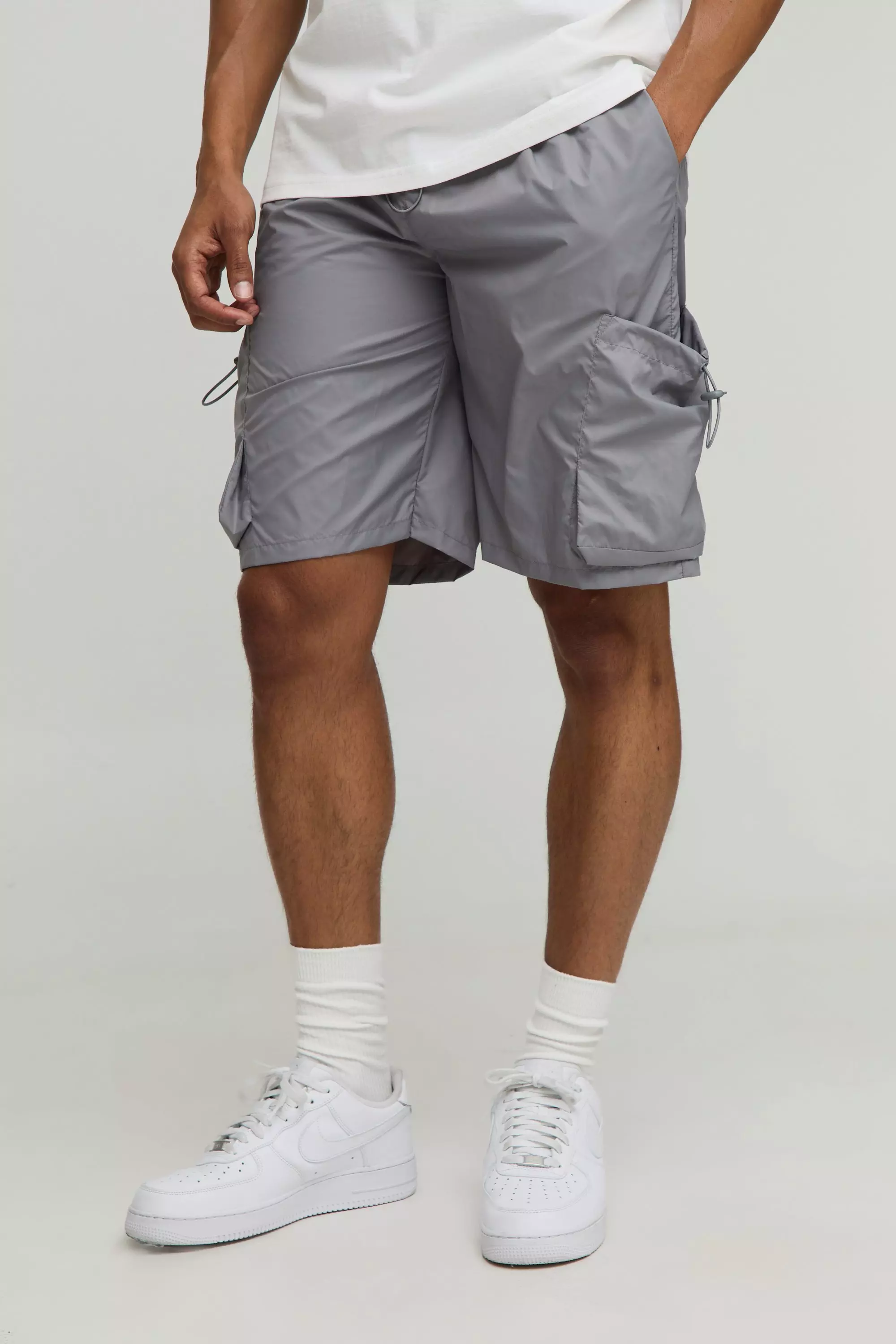 Elasticated Waist Baggy Lightweight Nylon Cargo Shorts Grey