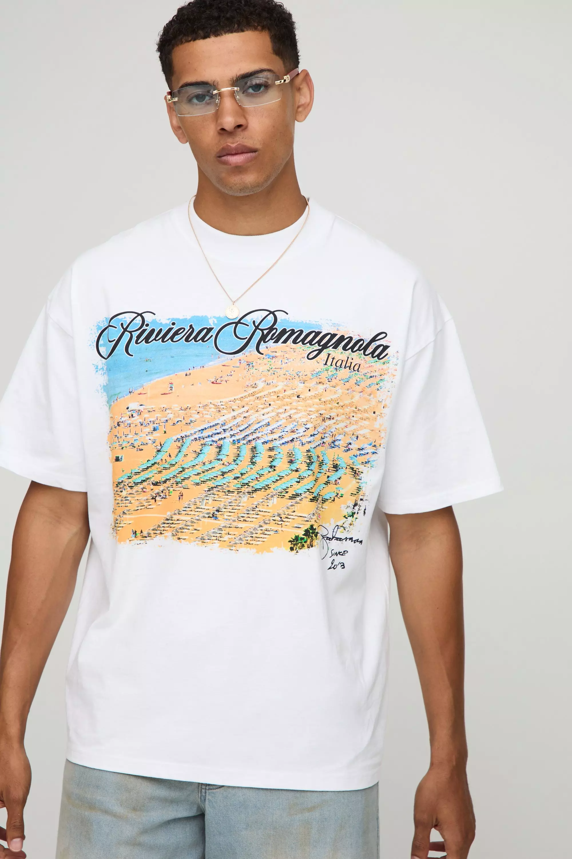 Sfera White Oversized Extended Neck Italian Landscape Graphic T Shirt | boohooMAN USA