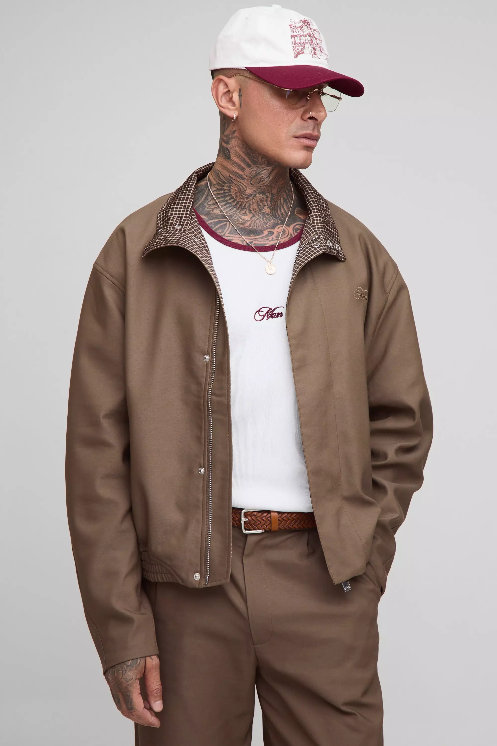 Tall Oversized Boxy Embroidered Funnel Neck Track Jacket | boohooMAN USA