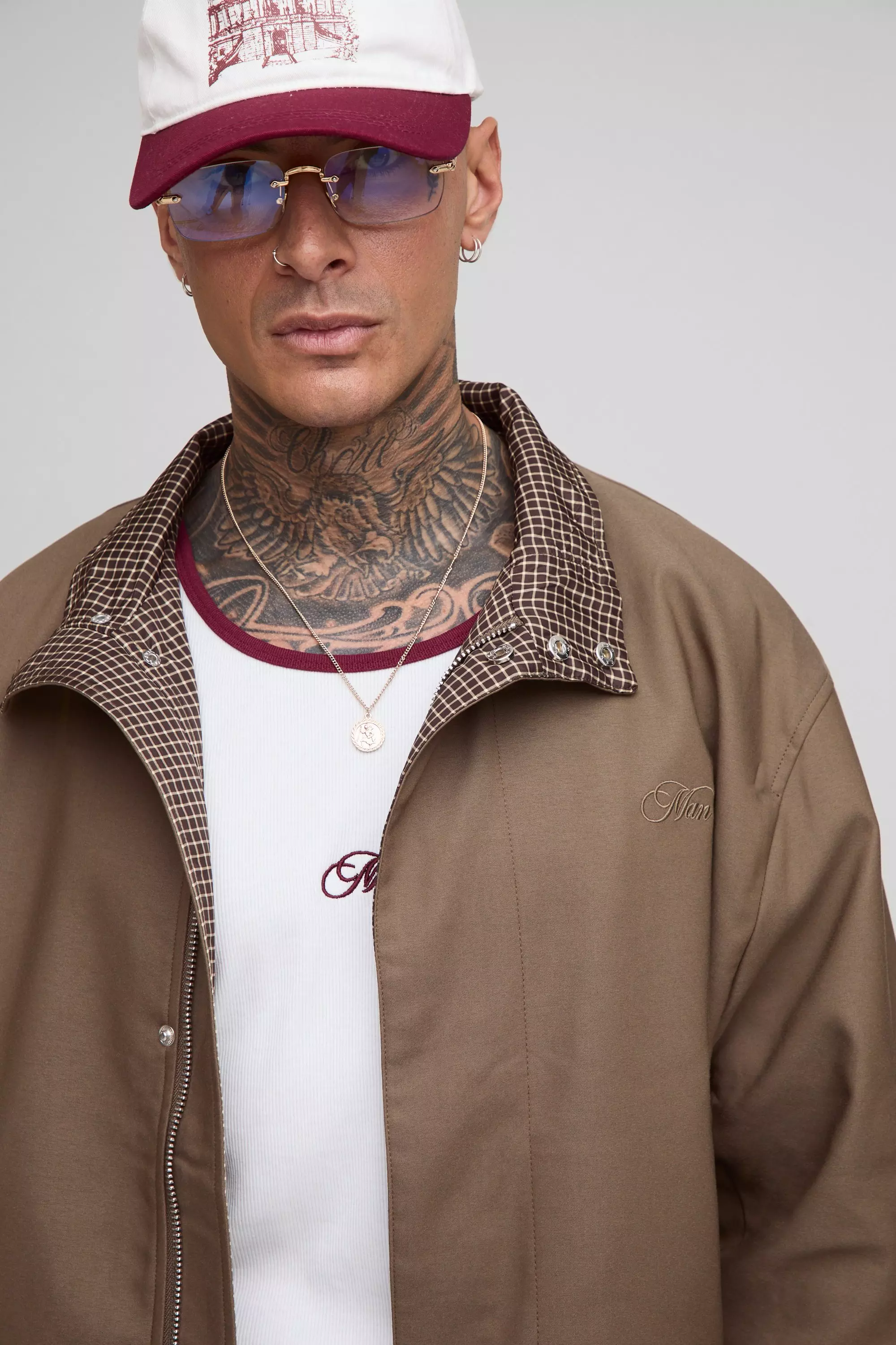 Tall Oversized Boxy Embroidered Funnel Neck Track Jacket | boohooMAN USA