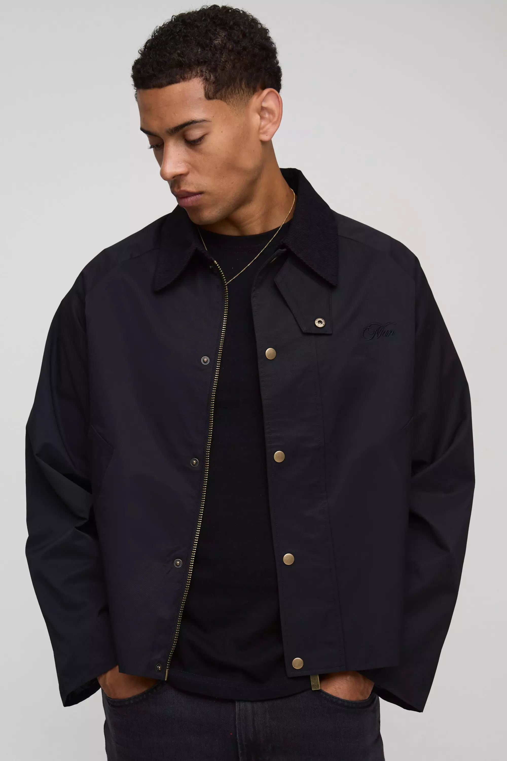 Regular Fit Cord Collar Embroidered Worker Jacket | boohooMAN USA