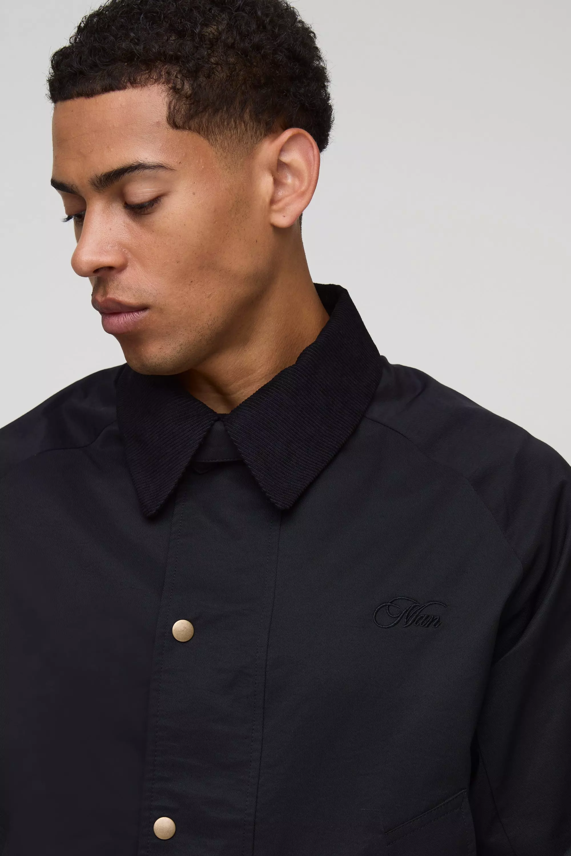 Regular Fit Cord Collar Embroidered Worker Jacket | boohooMAN USA