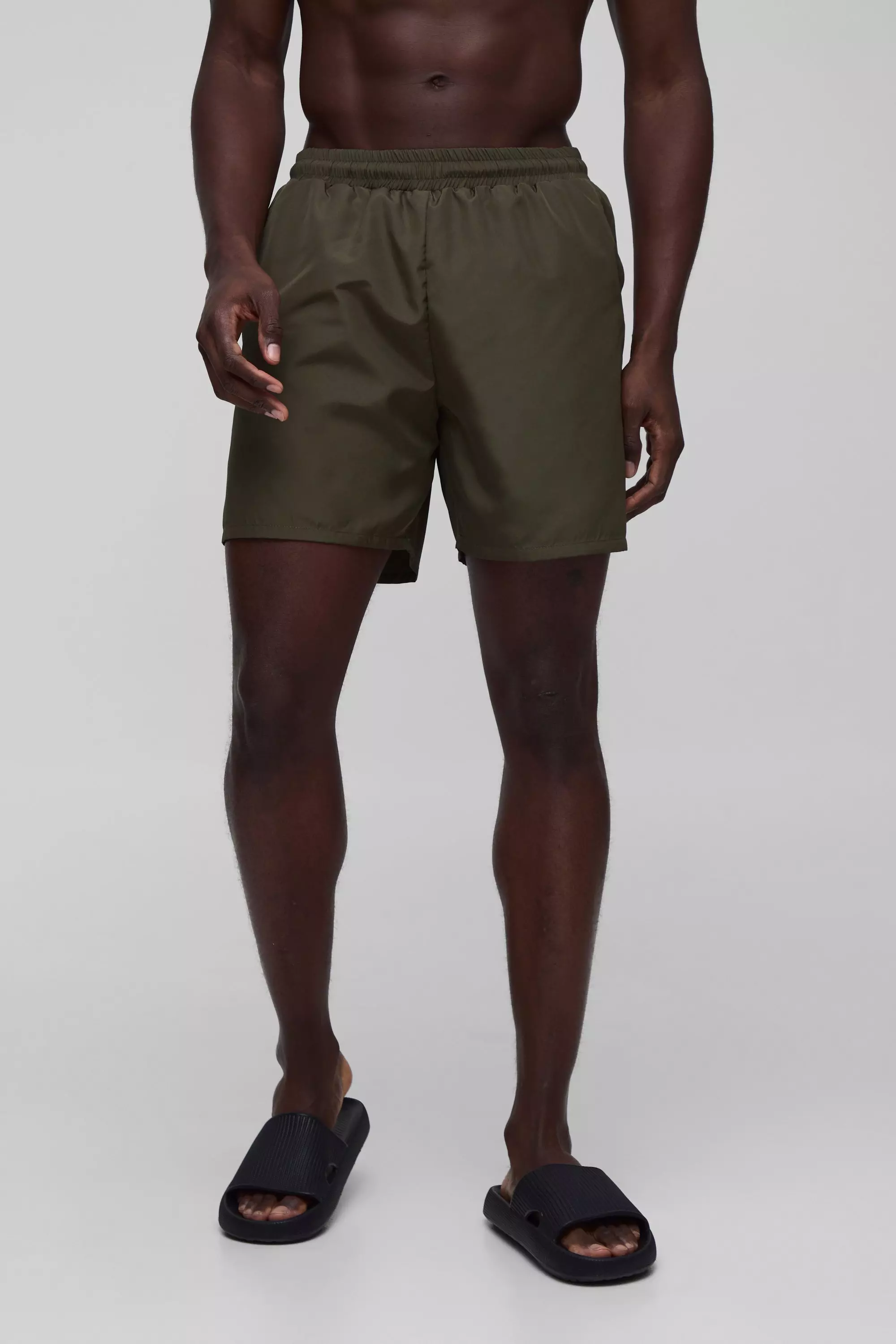 Regular fit Mid length Plain Swim Shorts Khaki