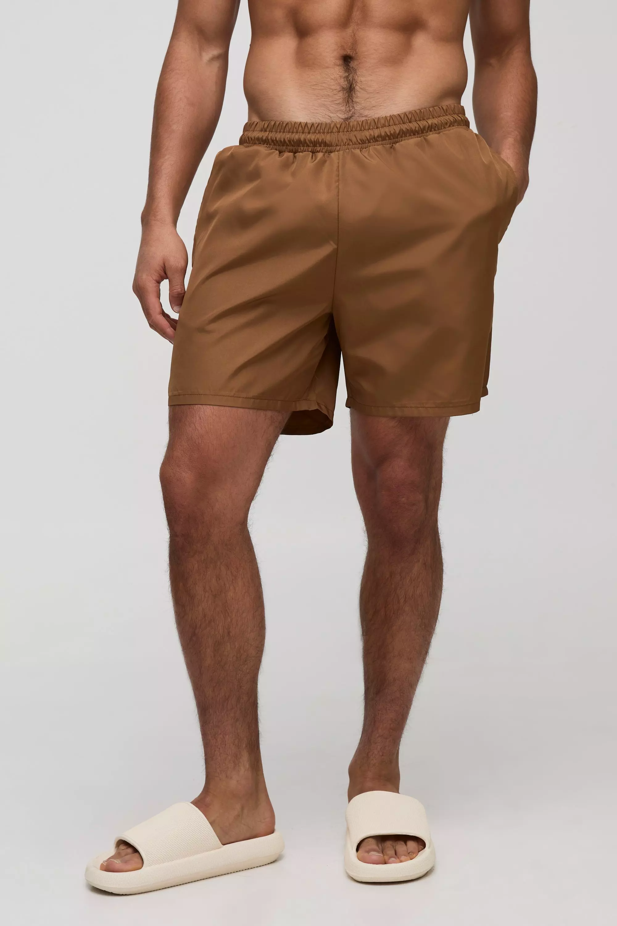 Regular fit Mid length Plain Swim Shorts Tan