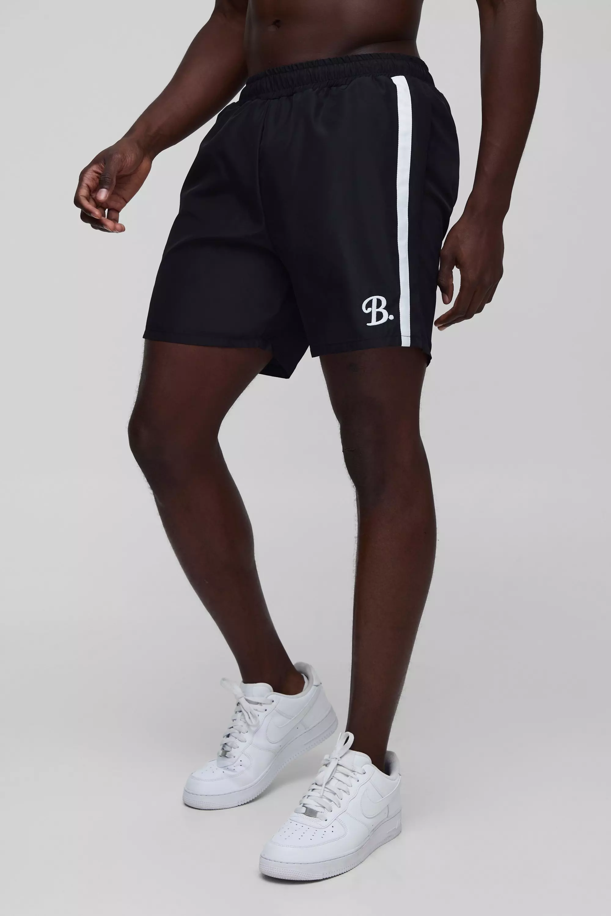 Branded Regular fit Mid length Embroidered Swim Shorts Black