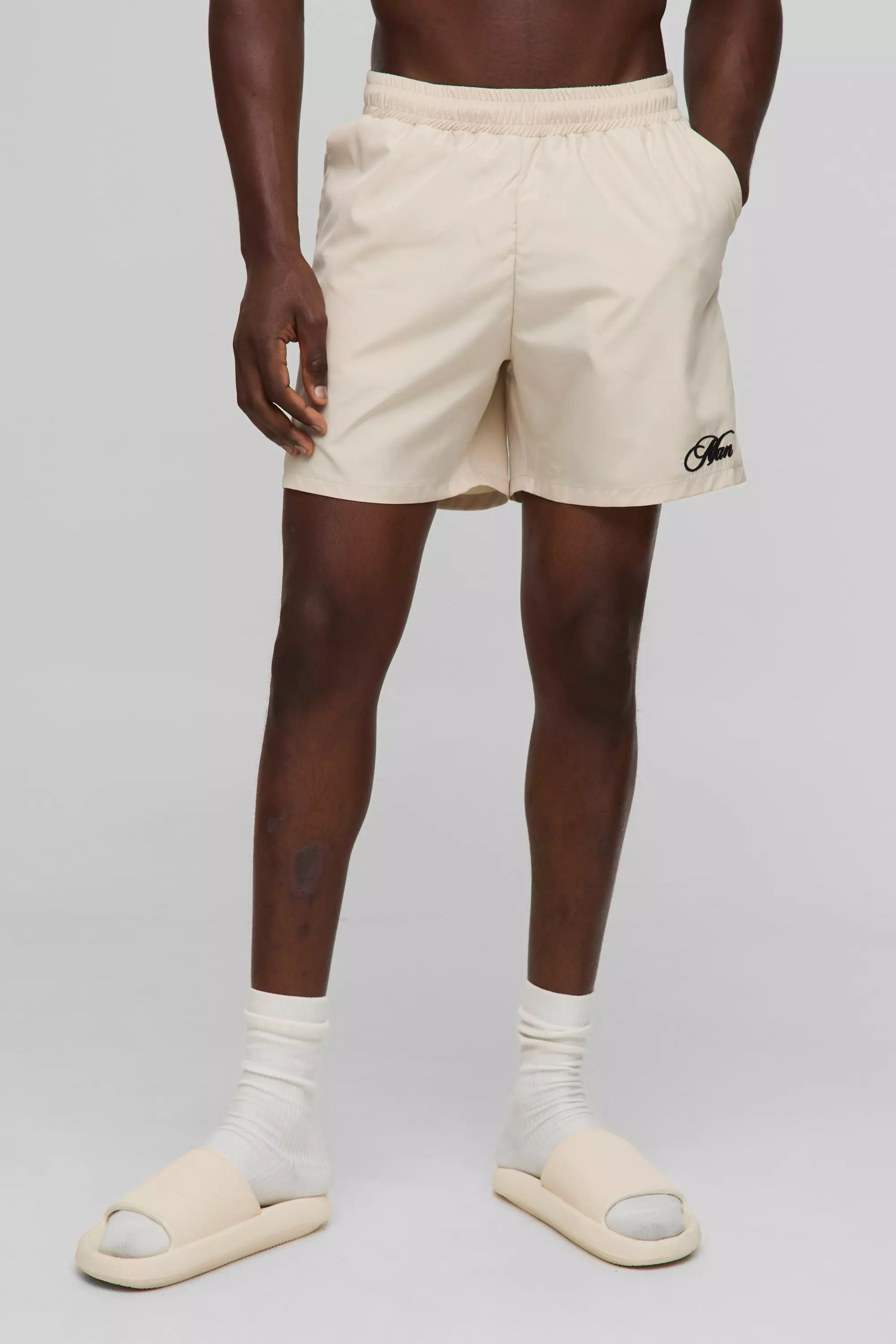 Branded Regular fit Mid length Embroidered Swim Shorts Ecru