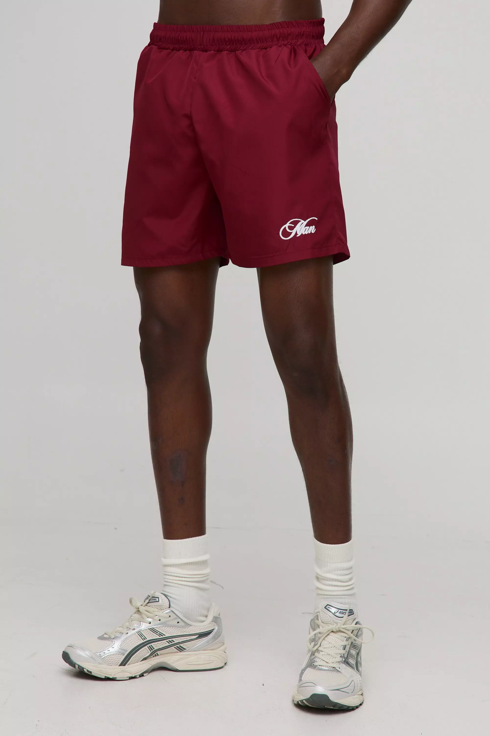 Branded Regular fit Mid length Embroidered Swim Shorts Burgundy