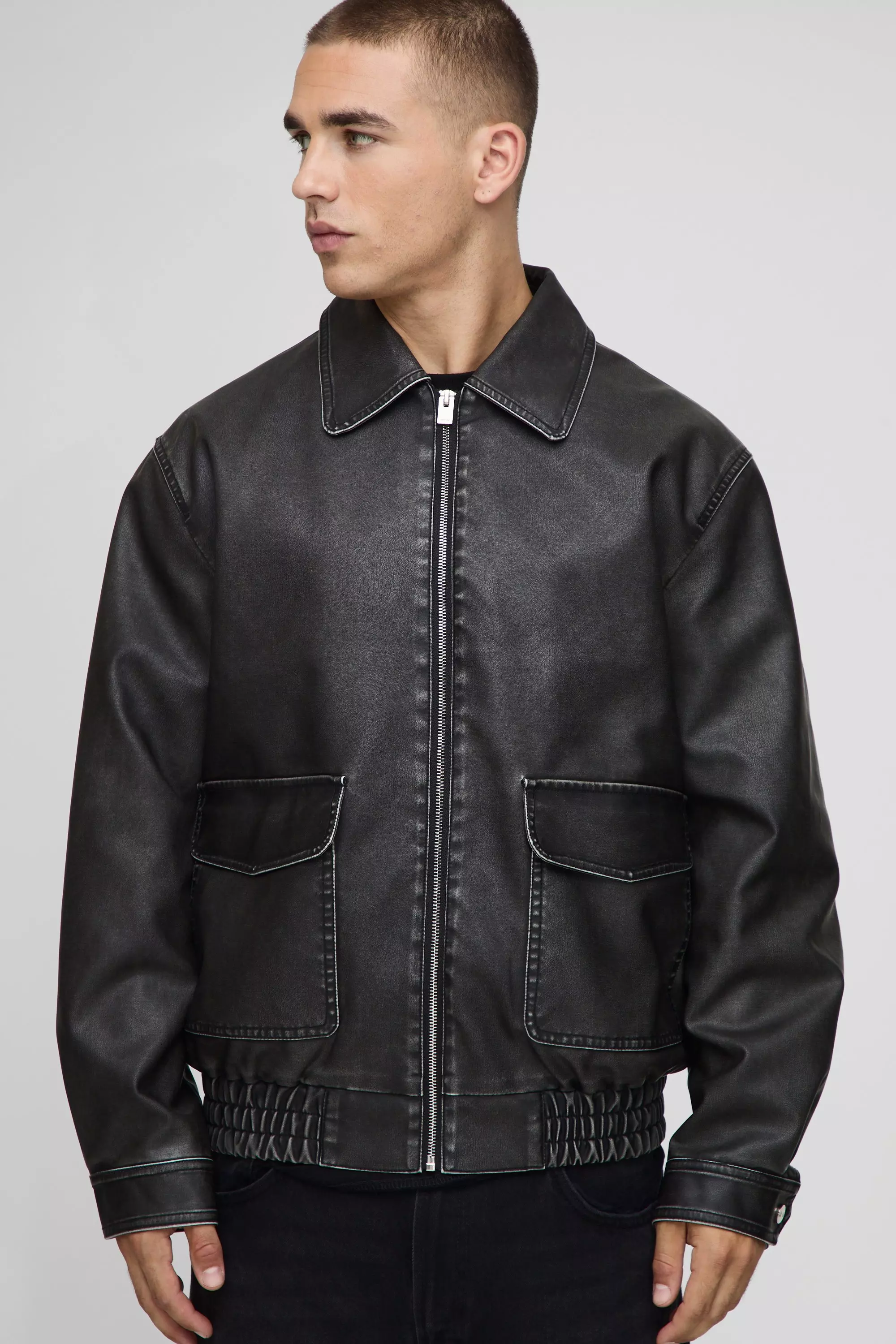 Oversized Washed PU Pocket Detail Collared Bomber Jacket | boohooMAN USA