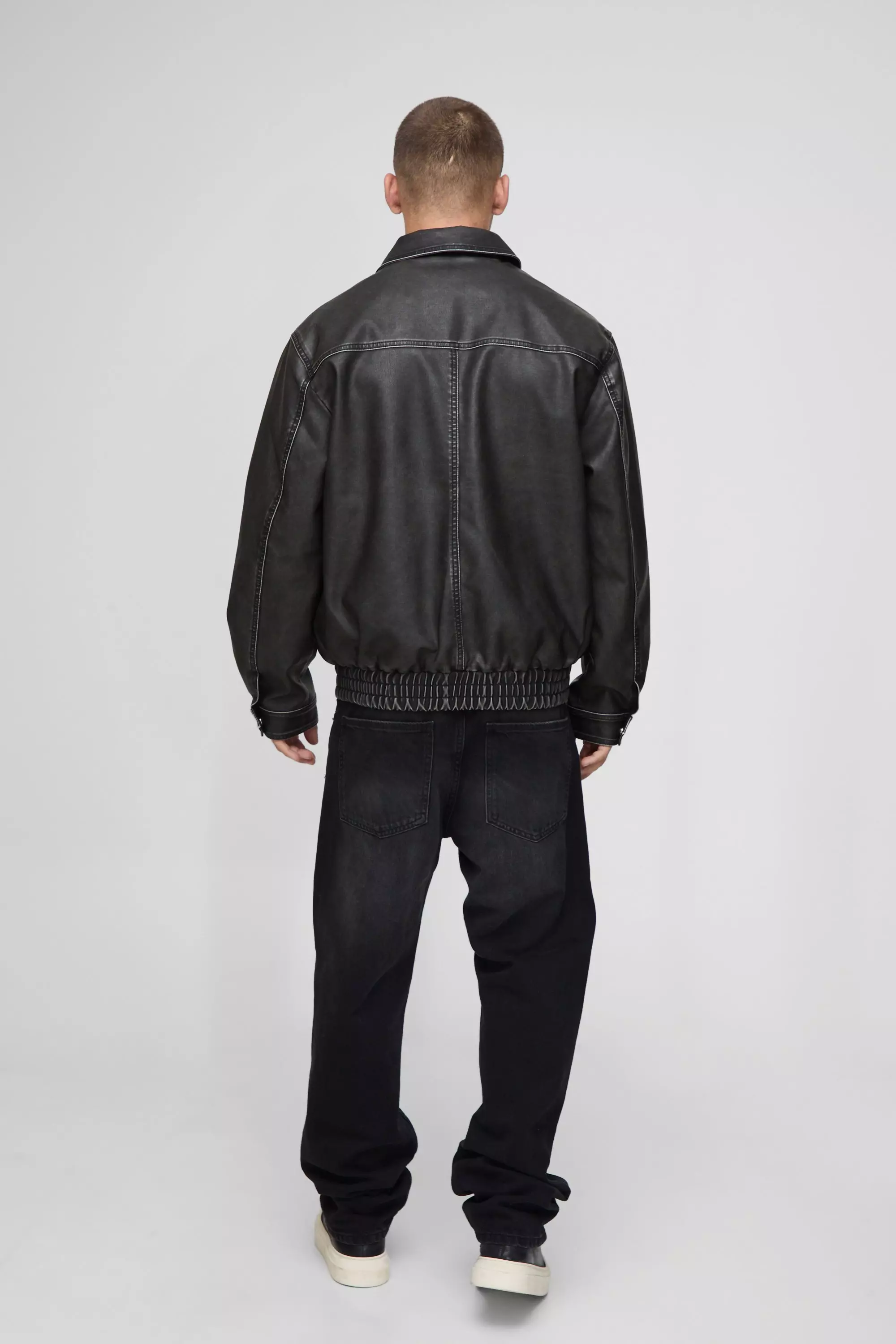 Oversized Washed PU Pocket Detail Collared Bomber Jacket | boohooMAN USA