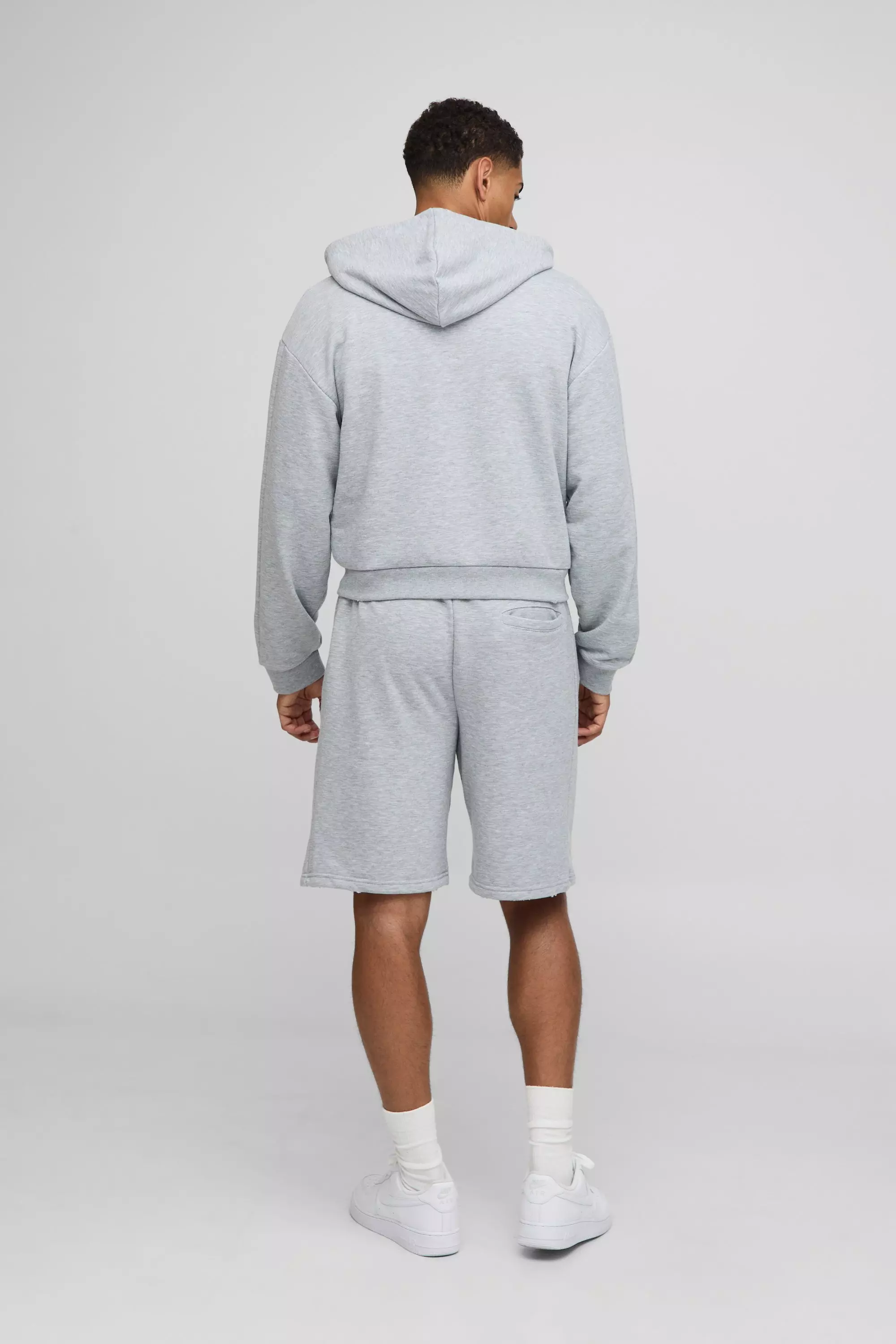 Sfera Grey Marl Shrunken Fit MAN Embroidered Distressed Zip Through Hoodie | boohooMAN USA