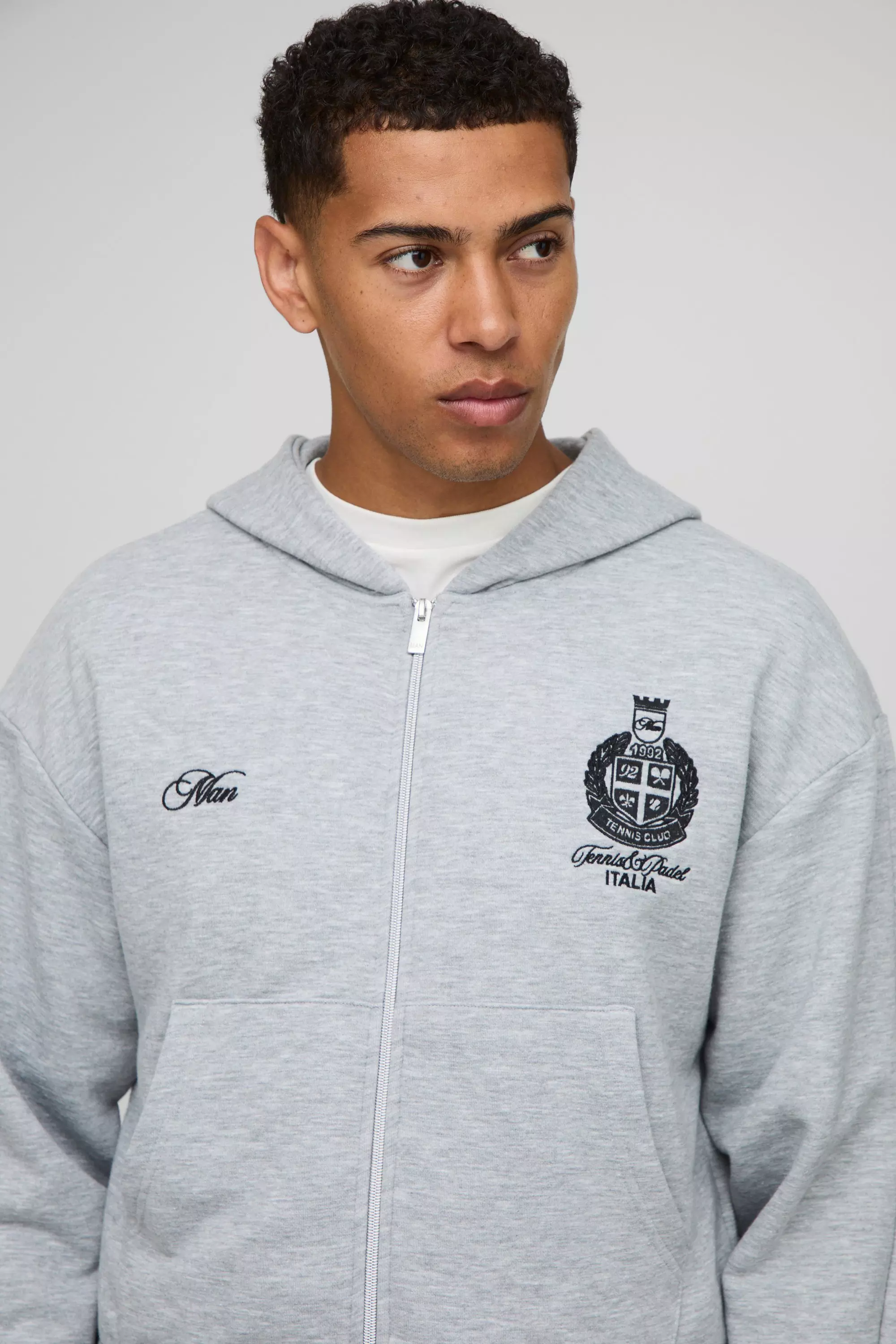 Sfera Grey Marl Shrunken Fit MAN Embroidered Distressed Zip Through Hoodie | boohooMAN USA