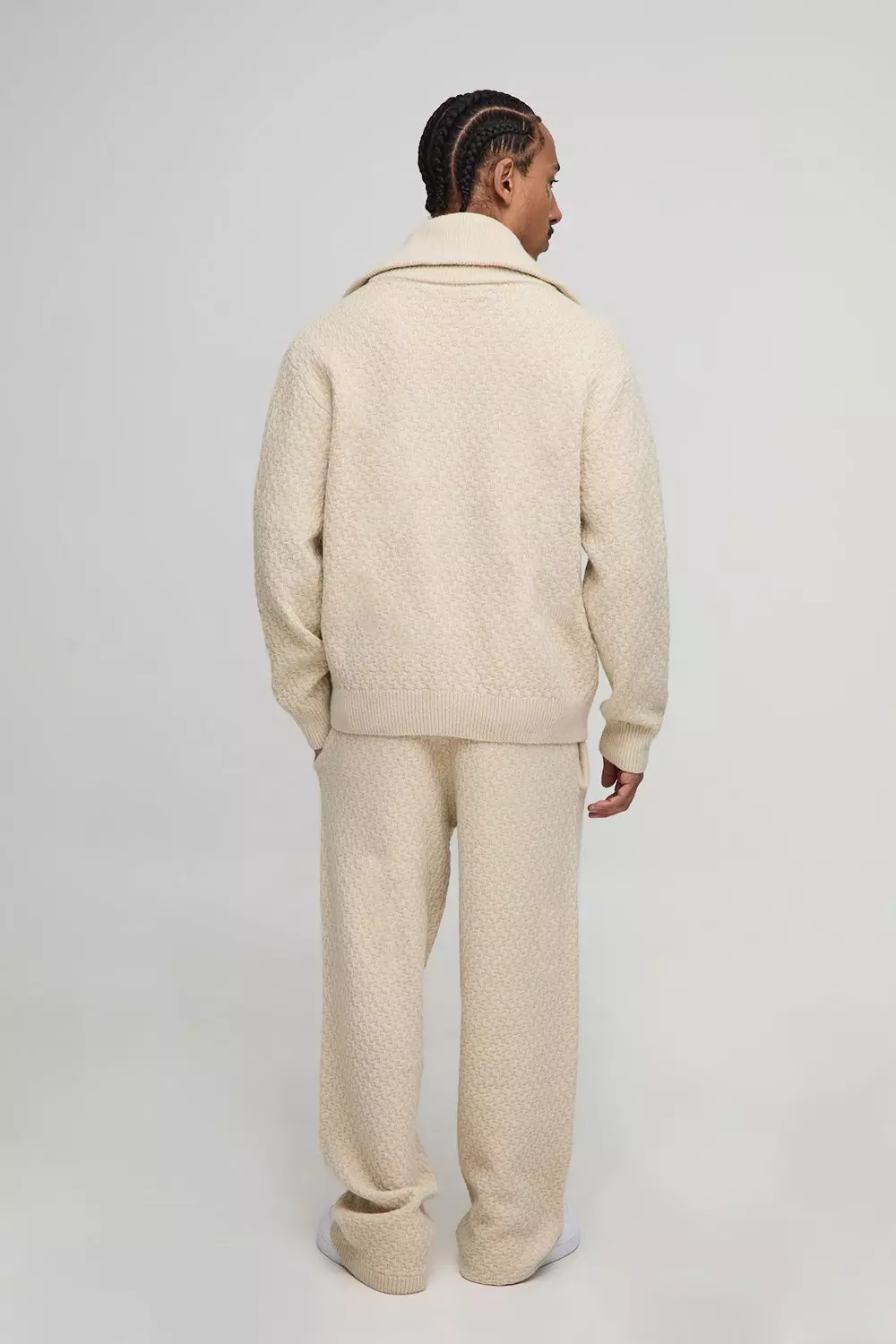 Regular Fit 1/4 Zip Funnel Neck Embroidered Boucle Knitted Sweatshirt | boohooMAN USA