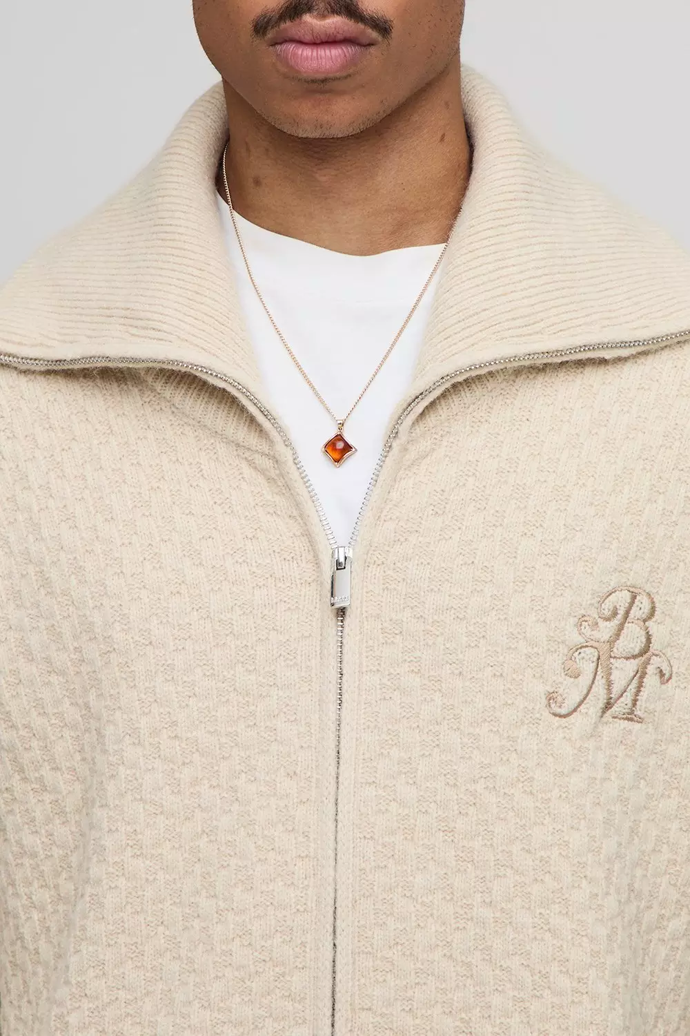 Regular Fit 1/4 Zip Funnel Neck Embroidered Boucle Knitted Sweatshirt | boohooMAN USA