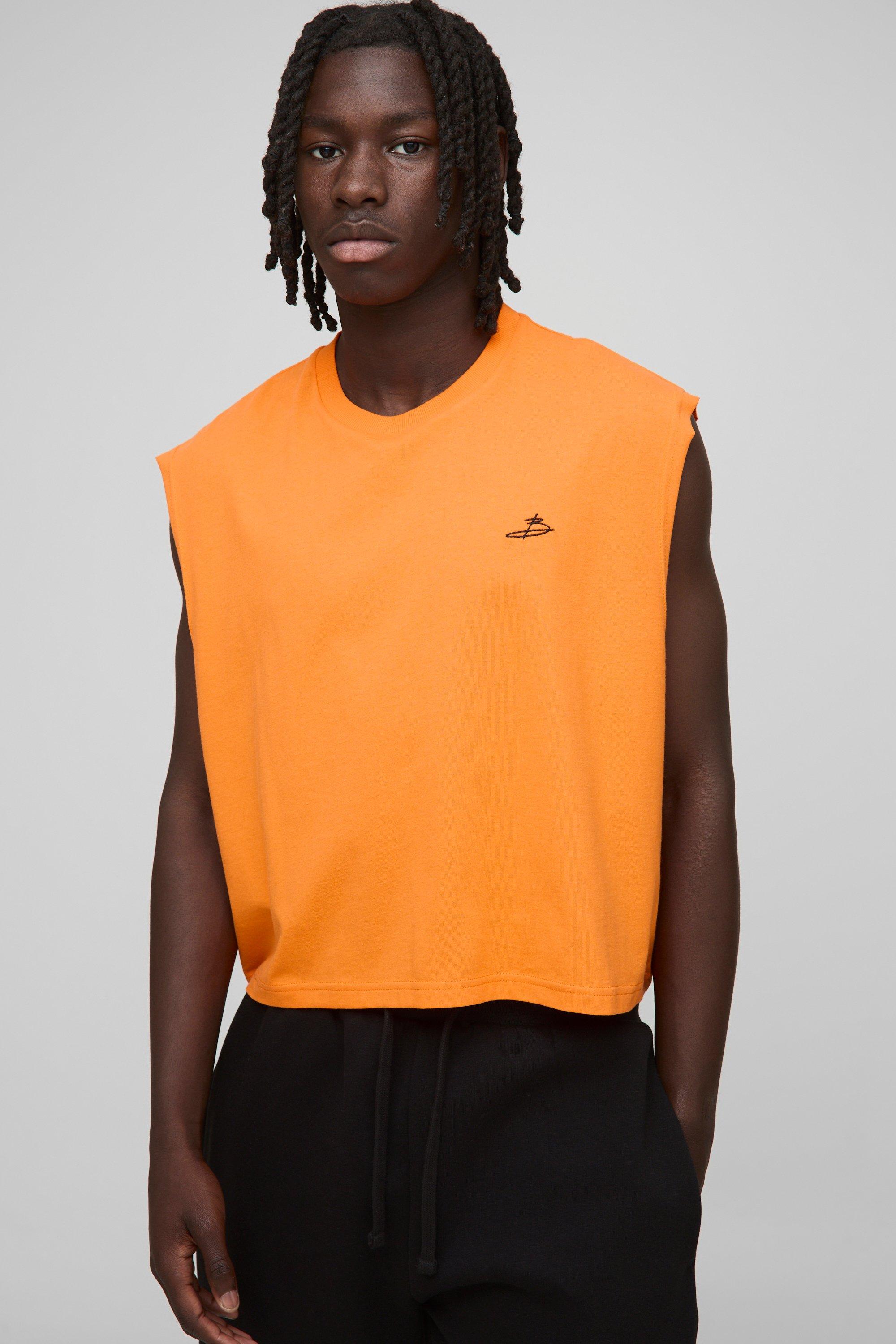 Oversized Shrunken Boxy B Signature Embroidered Tank | boohooMAN USA