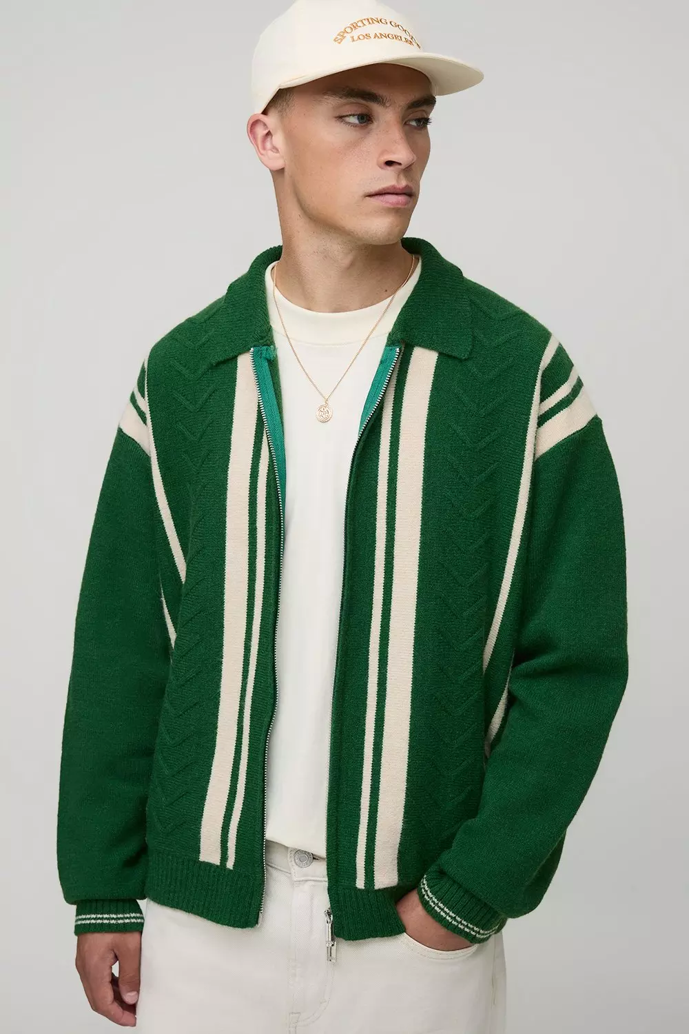 Regular Fit Embroidered Striped Zip Through Knitted Polo | boohooMAN USA