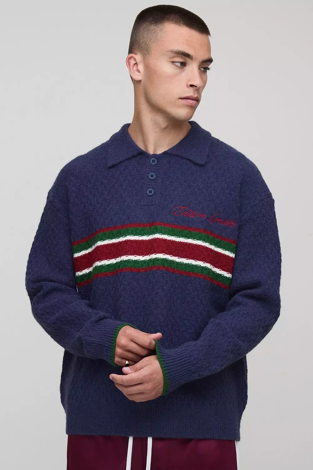 Oversized Embroidered Panel Textured Knitted Polo | boohooMAN USA