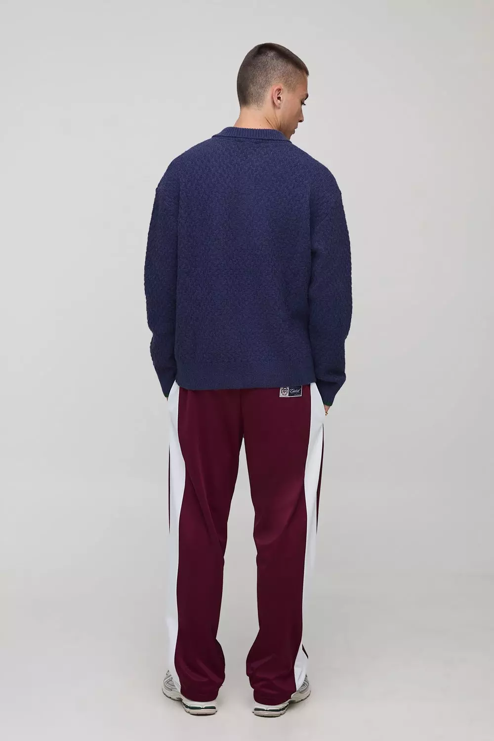 Oversized Embroidered Panel Textured Knitted Polo | boohooMAN USA
