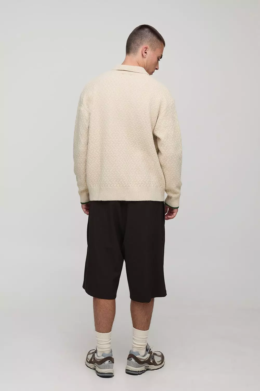 Oversized Embroidered Panel Textured Knitted Polo | boohooMAN USA