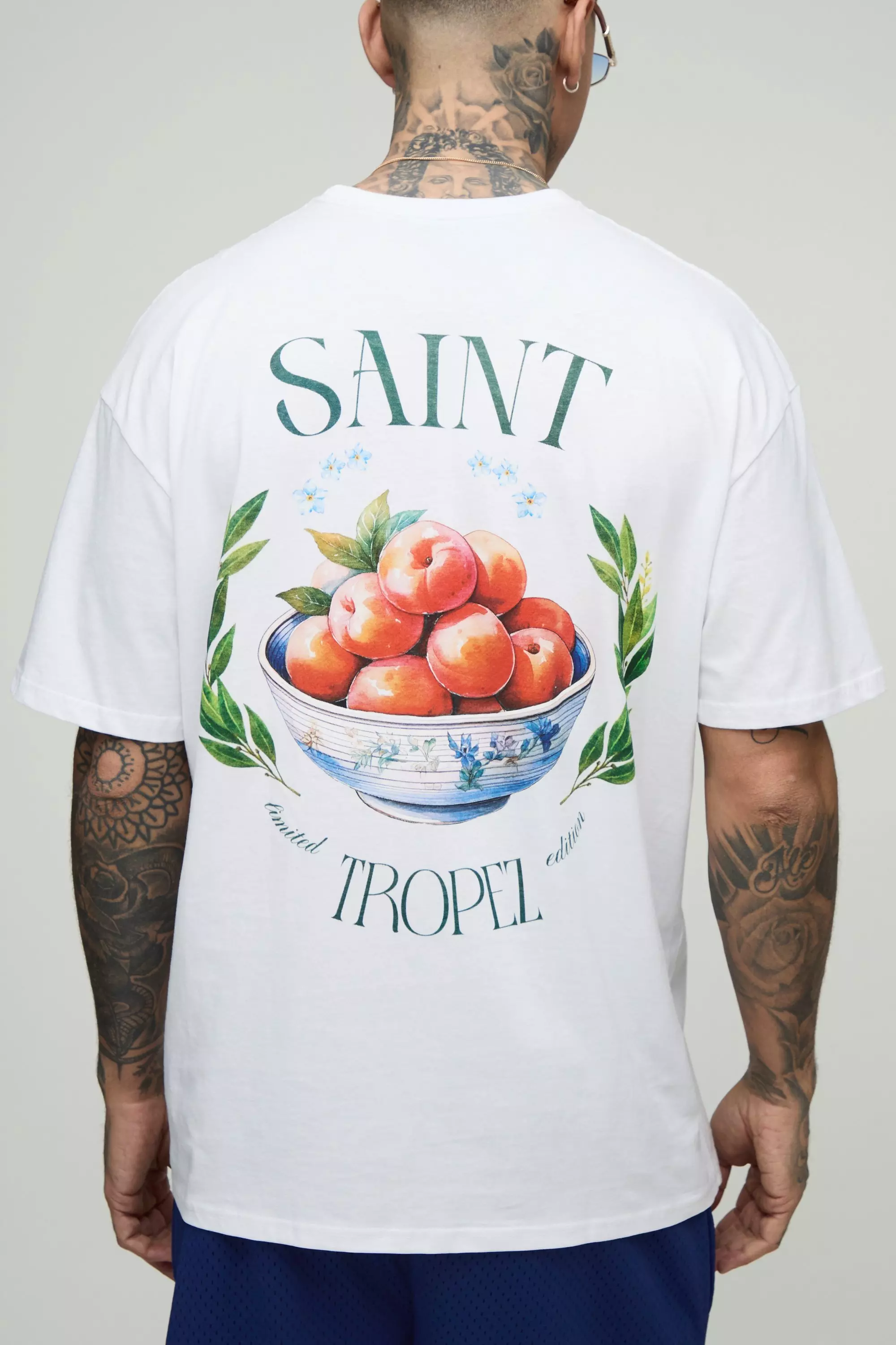 Tall Oversized Saint Tropez Fruit Bowl Print T-Shirt White