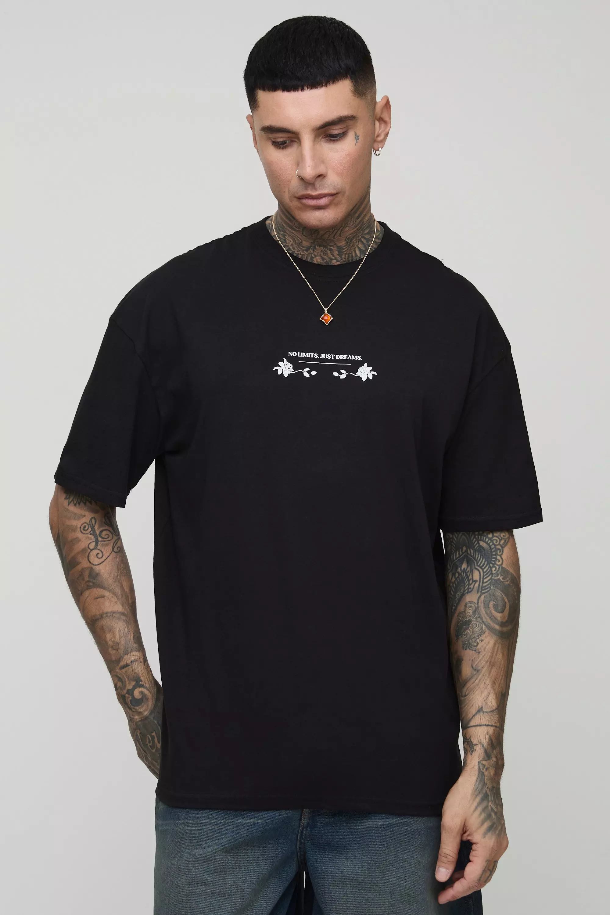 Tall Oversized Extended Neck Floral Print T-Shirt | boohooMAN USA