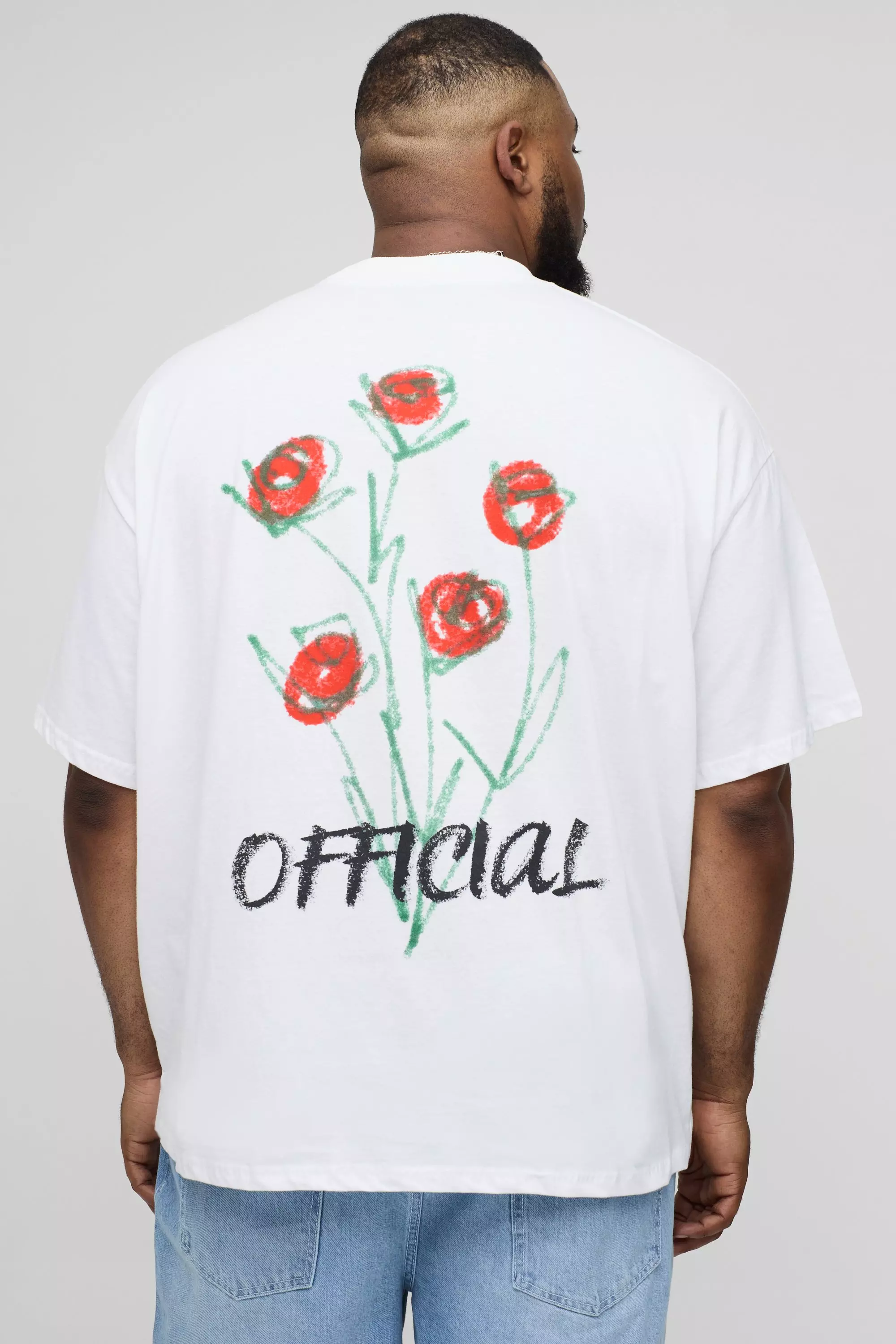 Plus Oversized Extended Neck Doodle Floral Print T-Shirt White