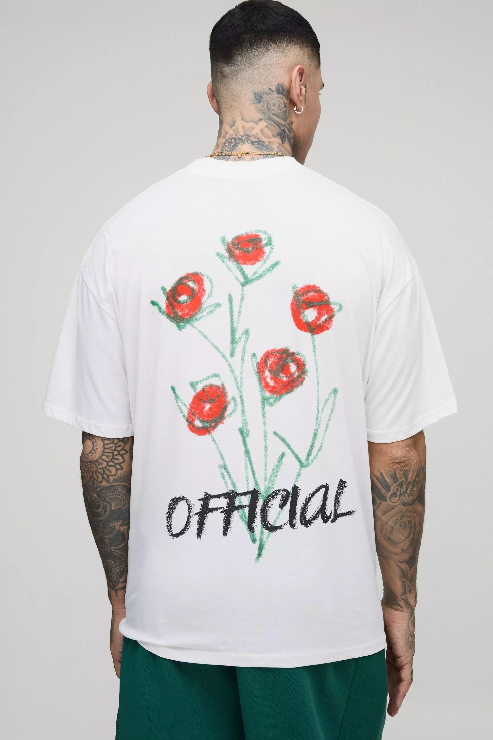 Tall Oversized Extended Neck Doodle Floral Print T-Shirt White