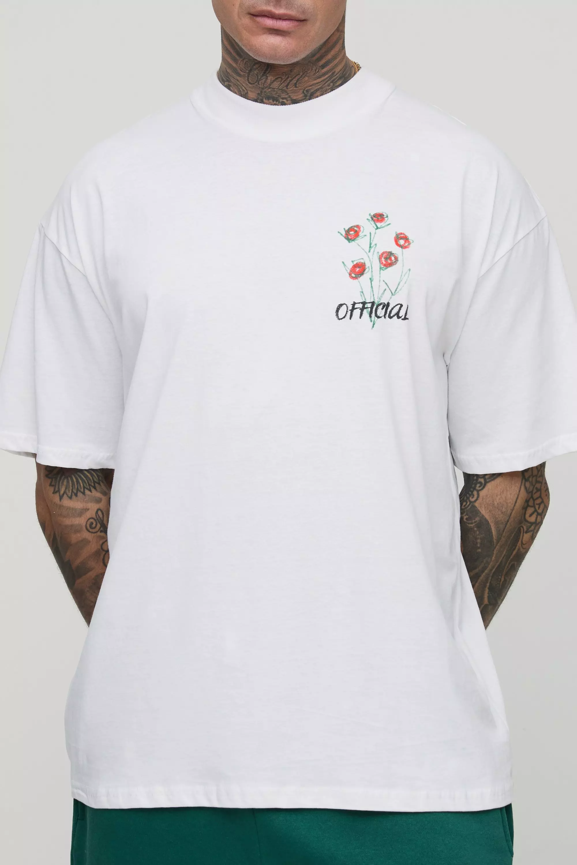 Tall Oversized Extended Neck Doodle Floral Print T-Shirt | boohooMAN USA