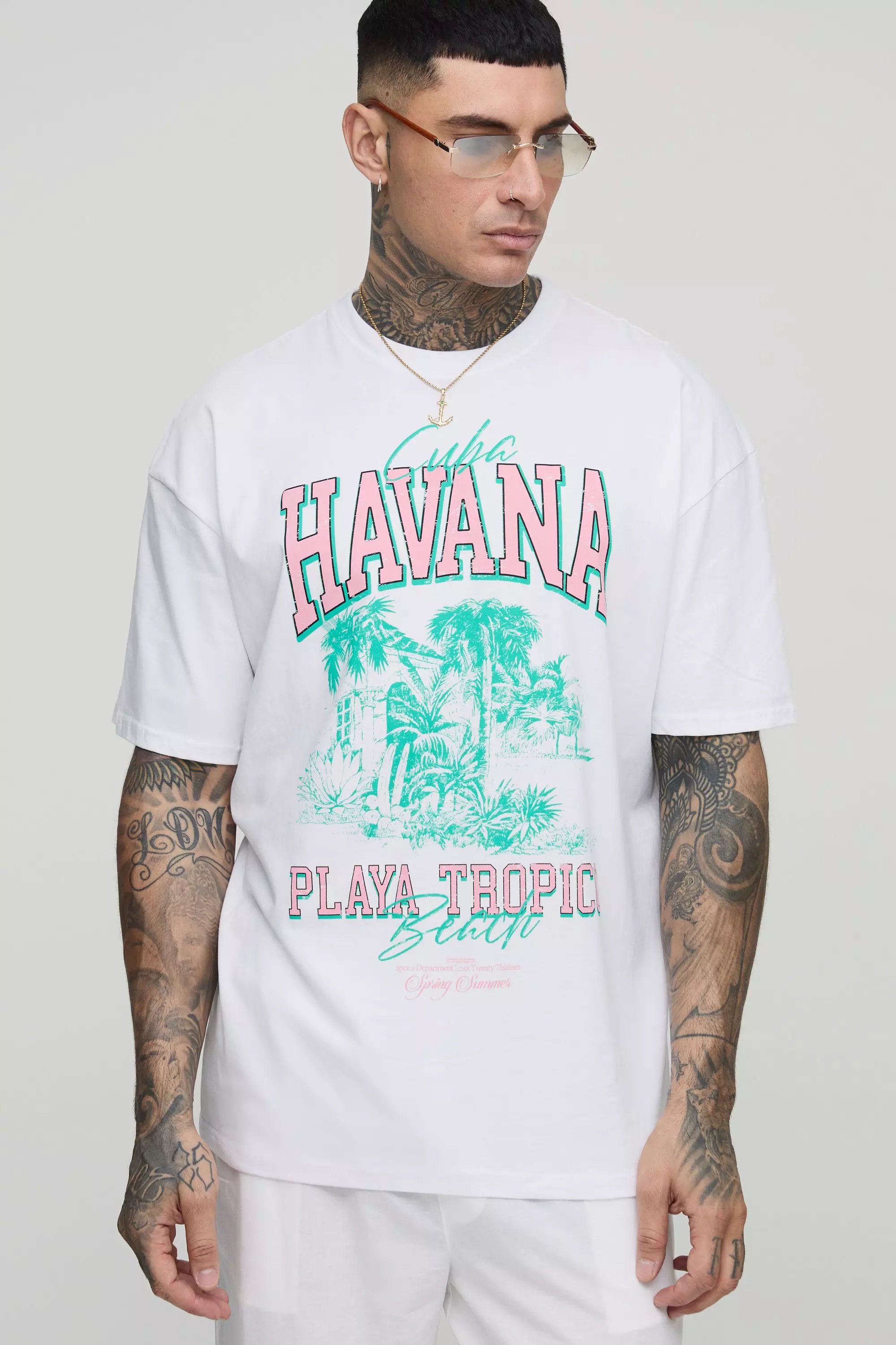 White Tall Oversized Havana Palm Print T-Shirt alternative image