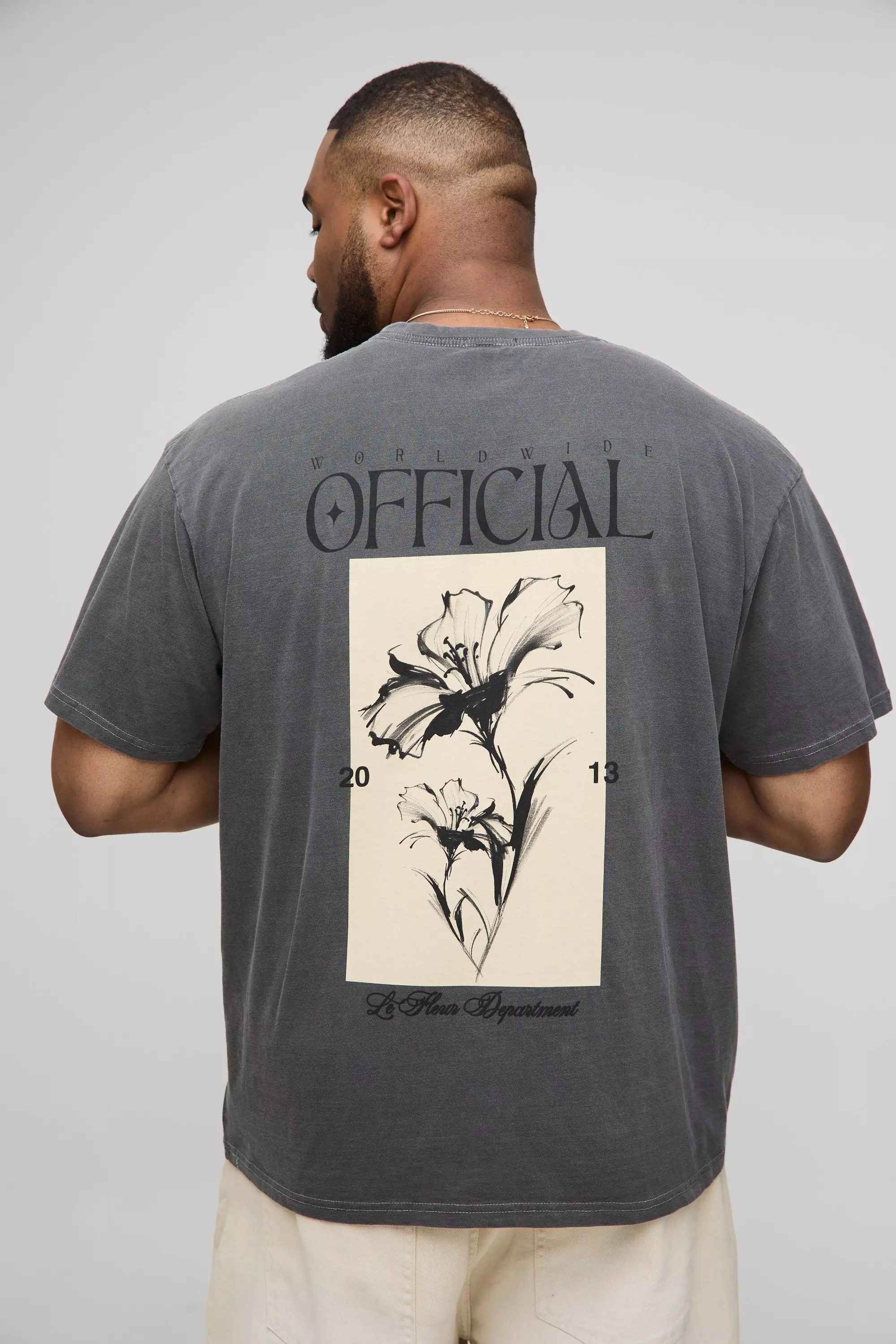 Plus Oversized Washed Official Floral Print T-Shirt Charcoal
