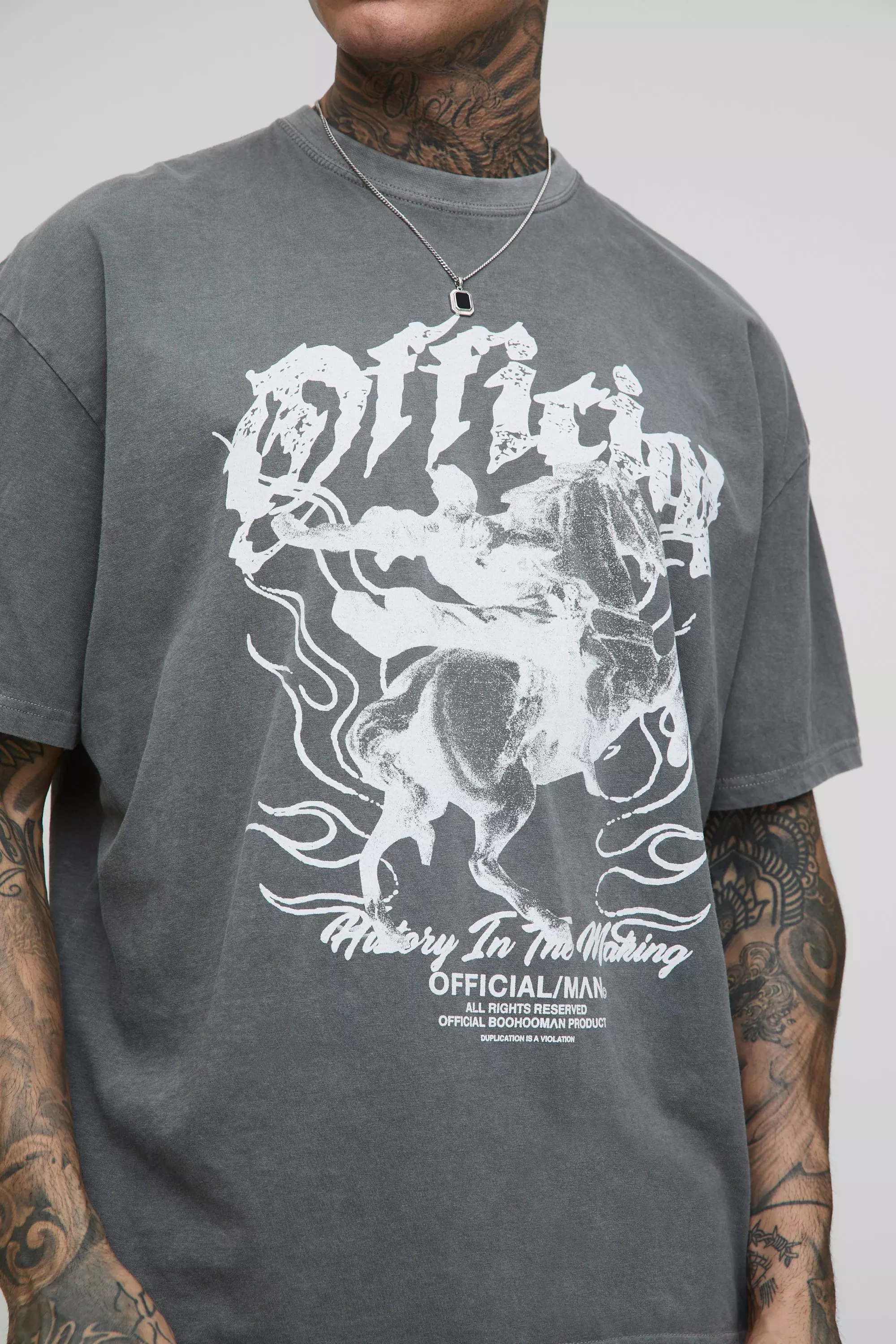 Tall Oversized Washed Renaissance Print T-Shirt Charcoal