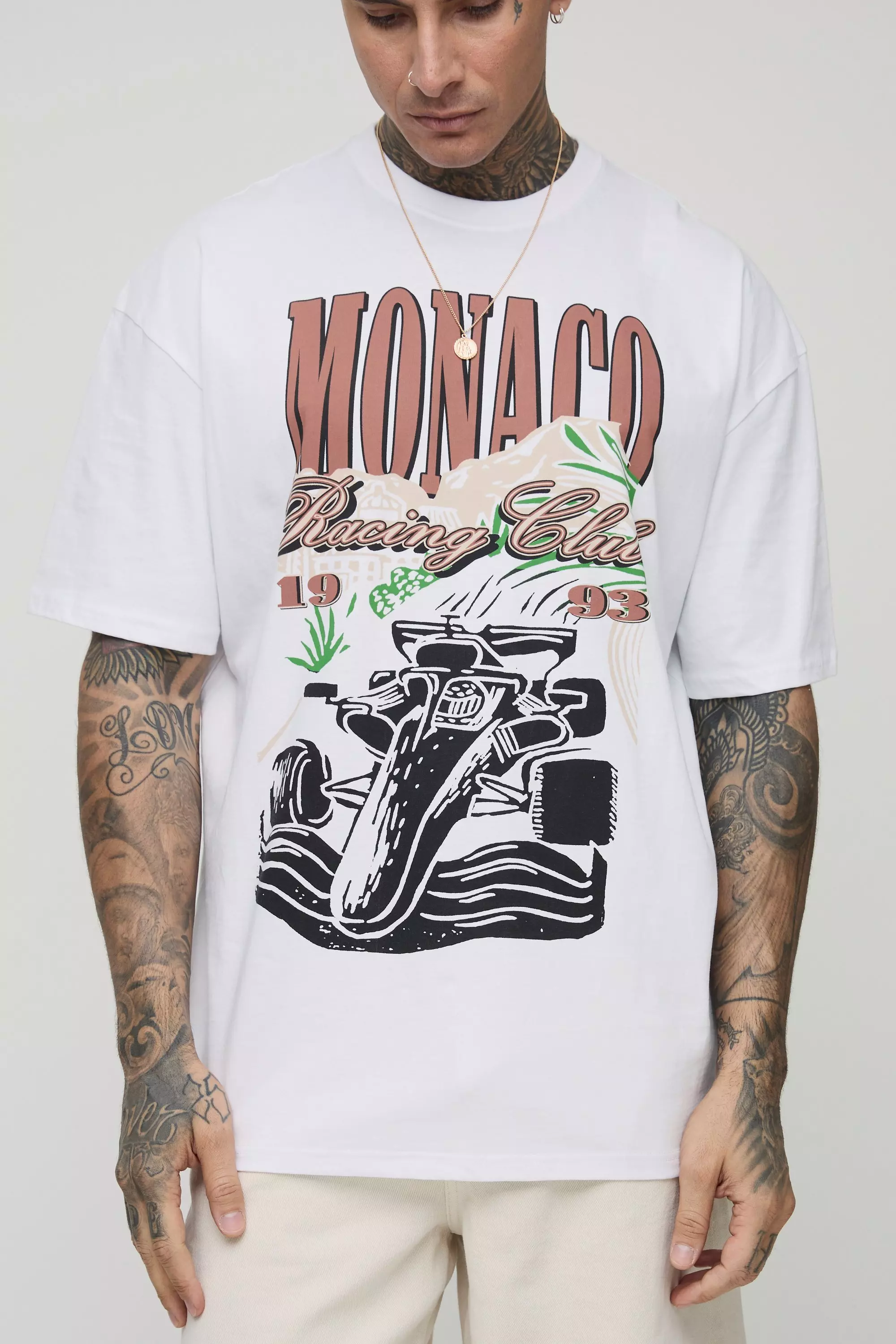 White Tall Oversized Monaco Racing Car Print T-Shirt alternative image