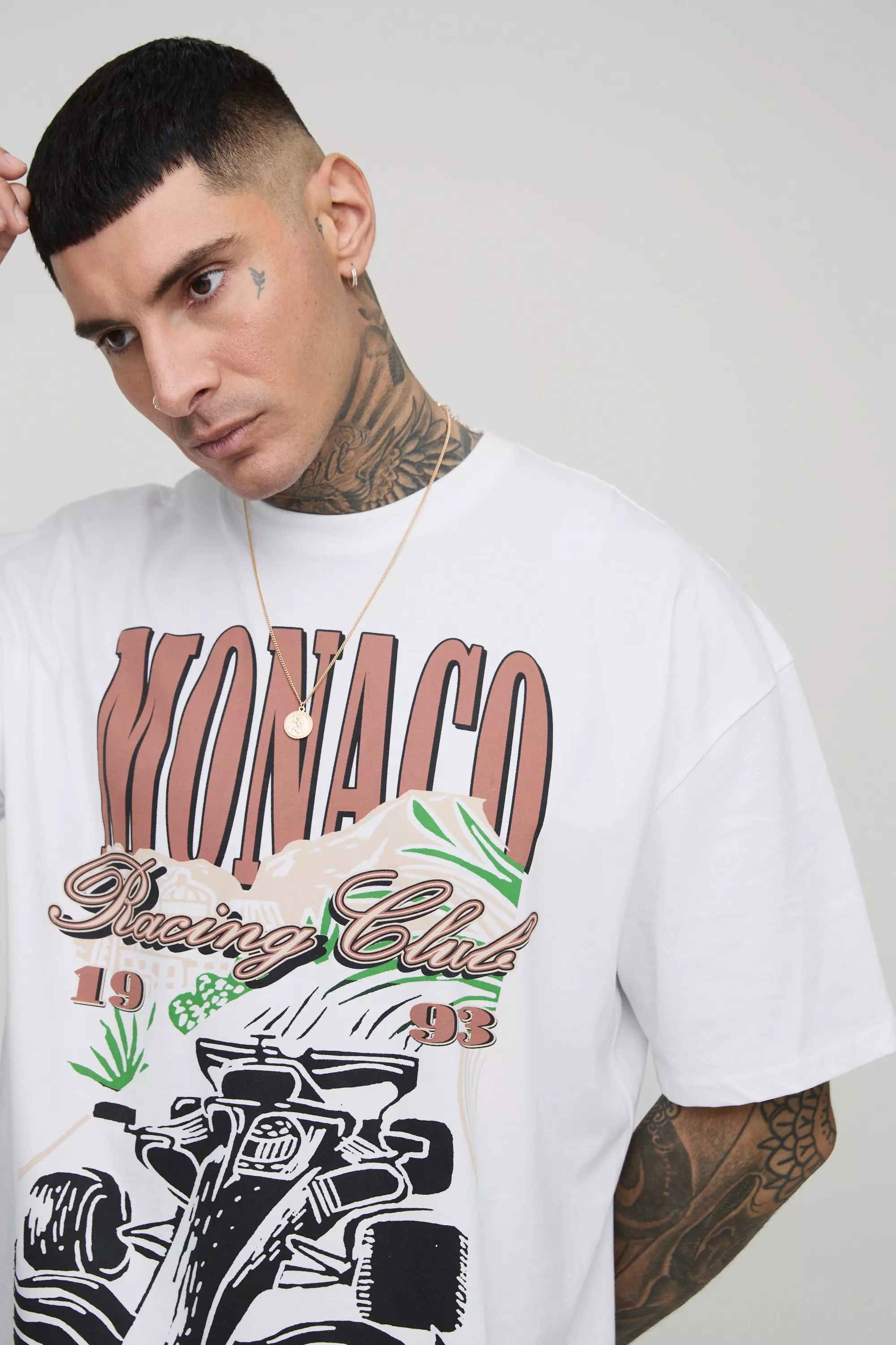 White Tall Oversized Monaco Racing Car Print T-Shirt alternative image