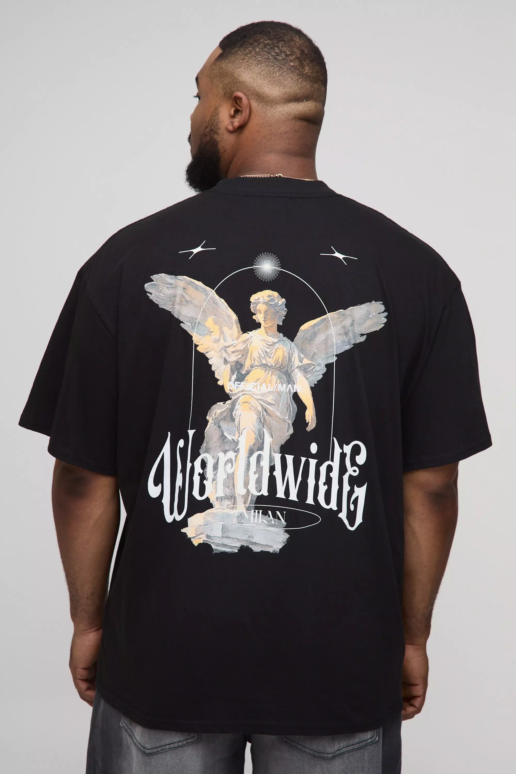 Plus Oversized Extended Neck Renaissance Worldwide Print T-Shirt Black