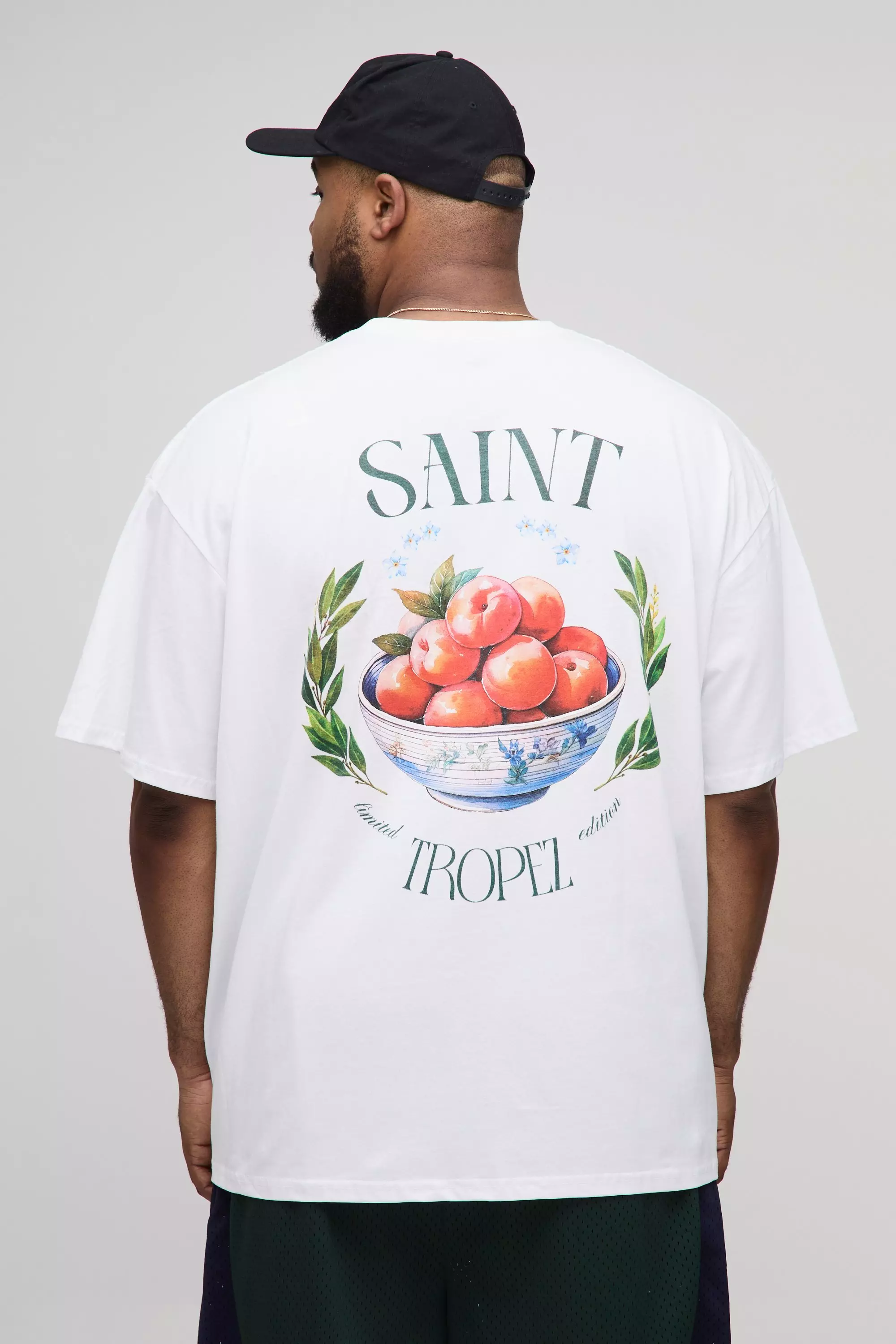 Plus Oversized Saint Tropez Fruit Bowl Print T-Shirt White