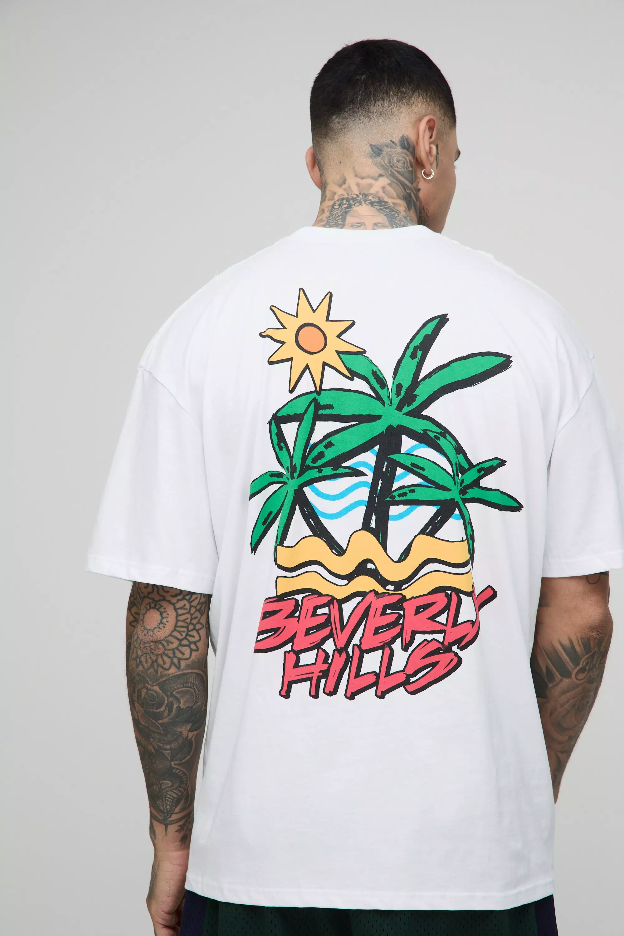 Tall Oversized Beverly Hills Palm Print T-Shirt White
