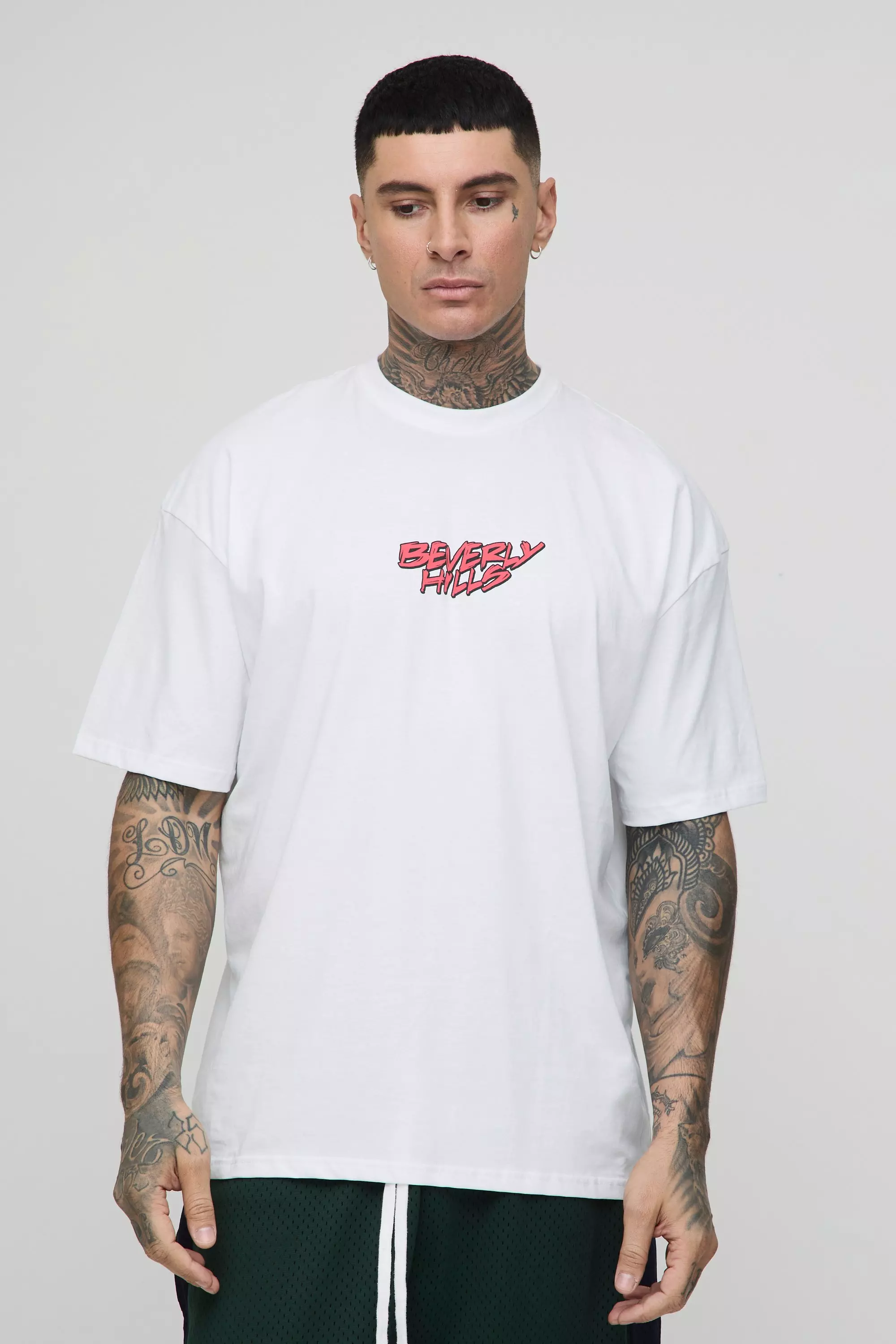 White Tall Oversized Beverly Hills Palm Print T-Shirt alternative image