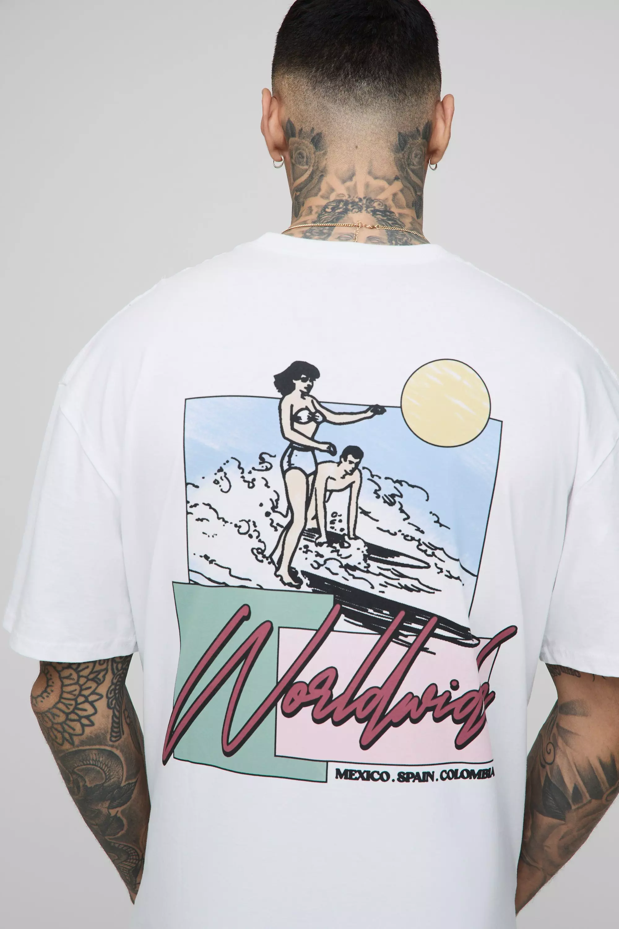 Tall T-Shirt mit Worldwide Strand Retro-Print, White alternatives Bild