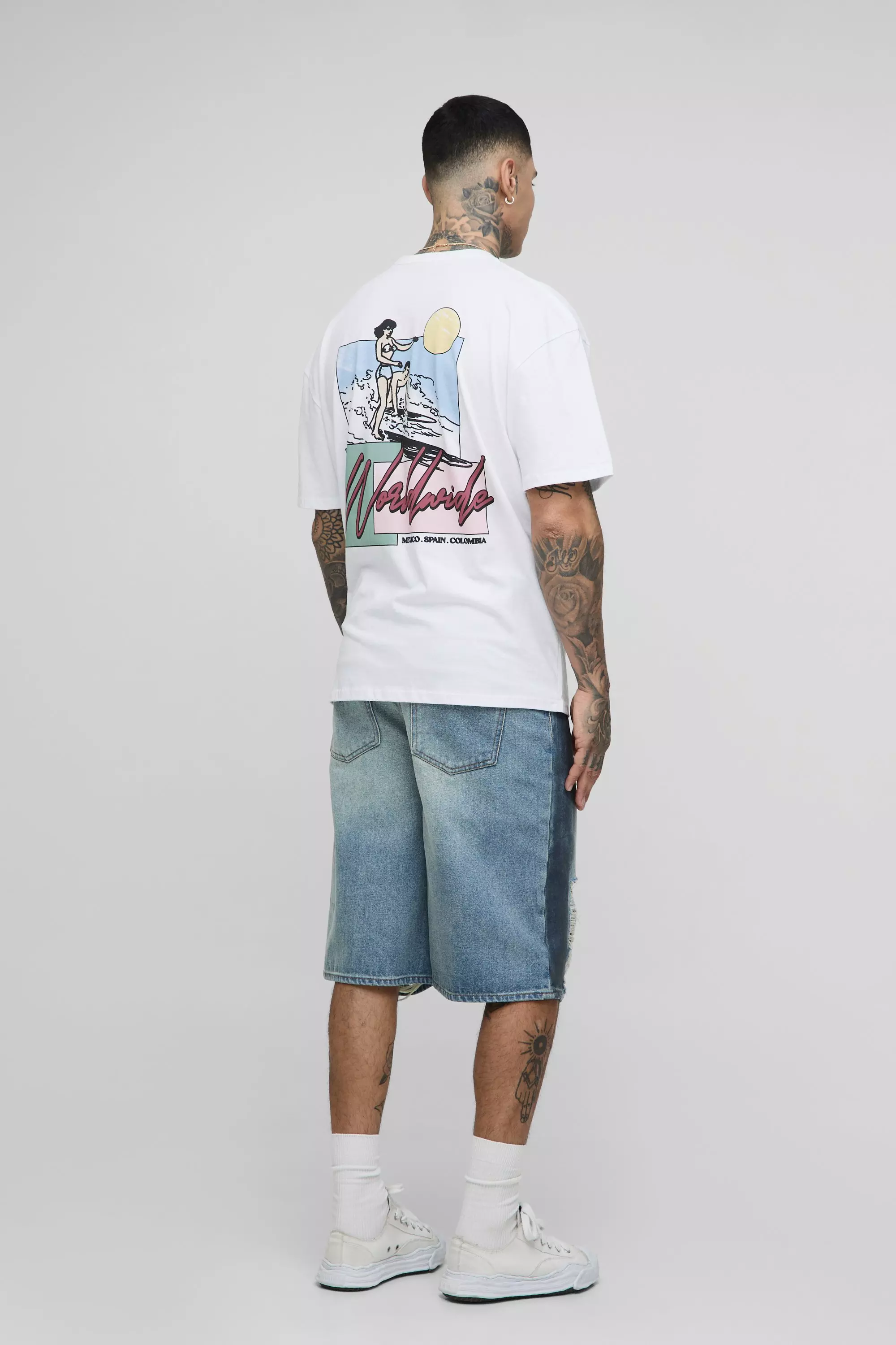 Tall T-Shirt mit Worldwide Strand Retro-Print, White alternatives Bild