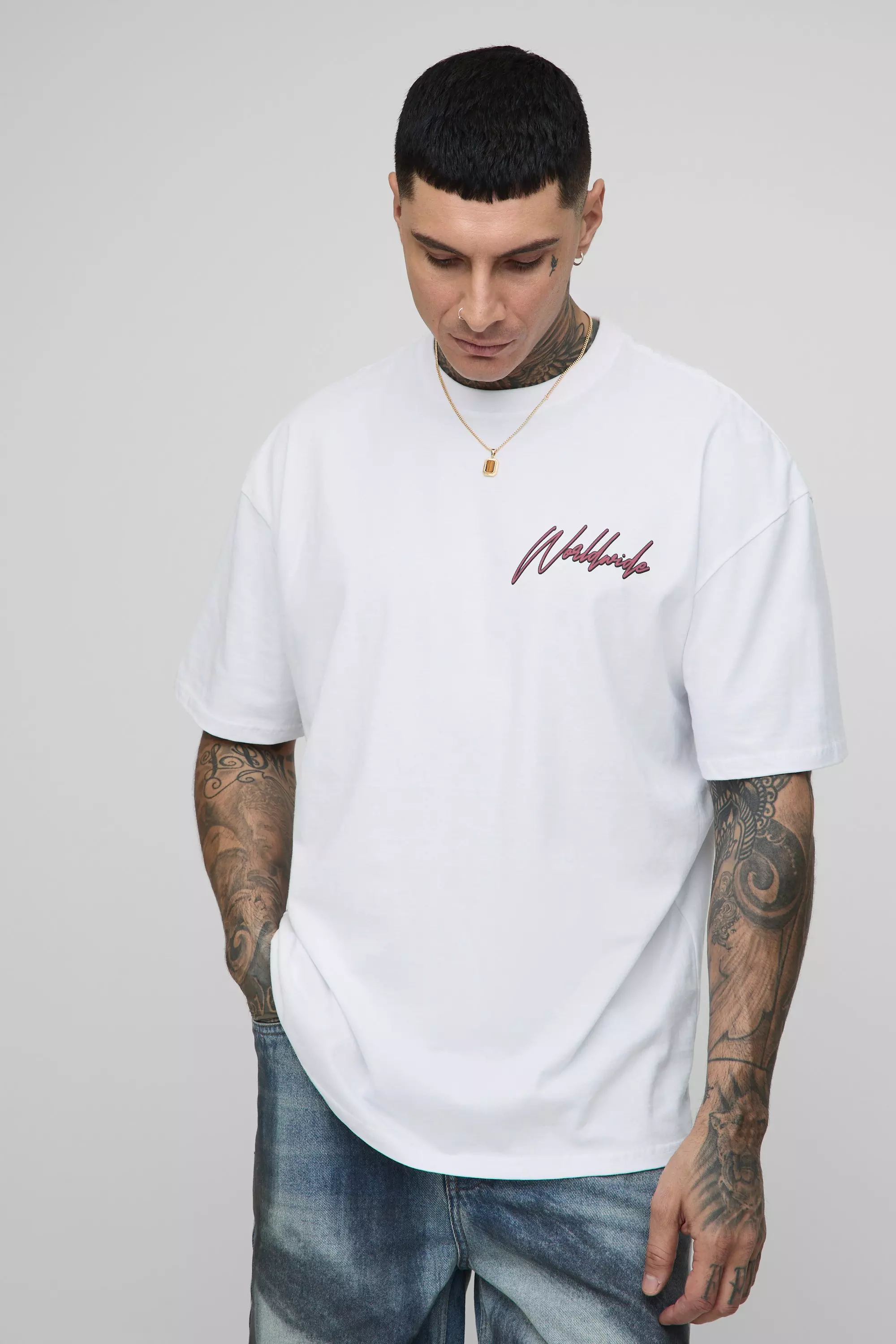 Tall T-Shirt mit Worldwide Strand Retro-Print, White alternatives Bild