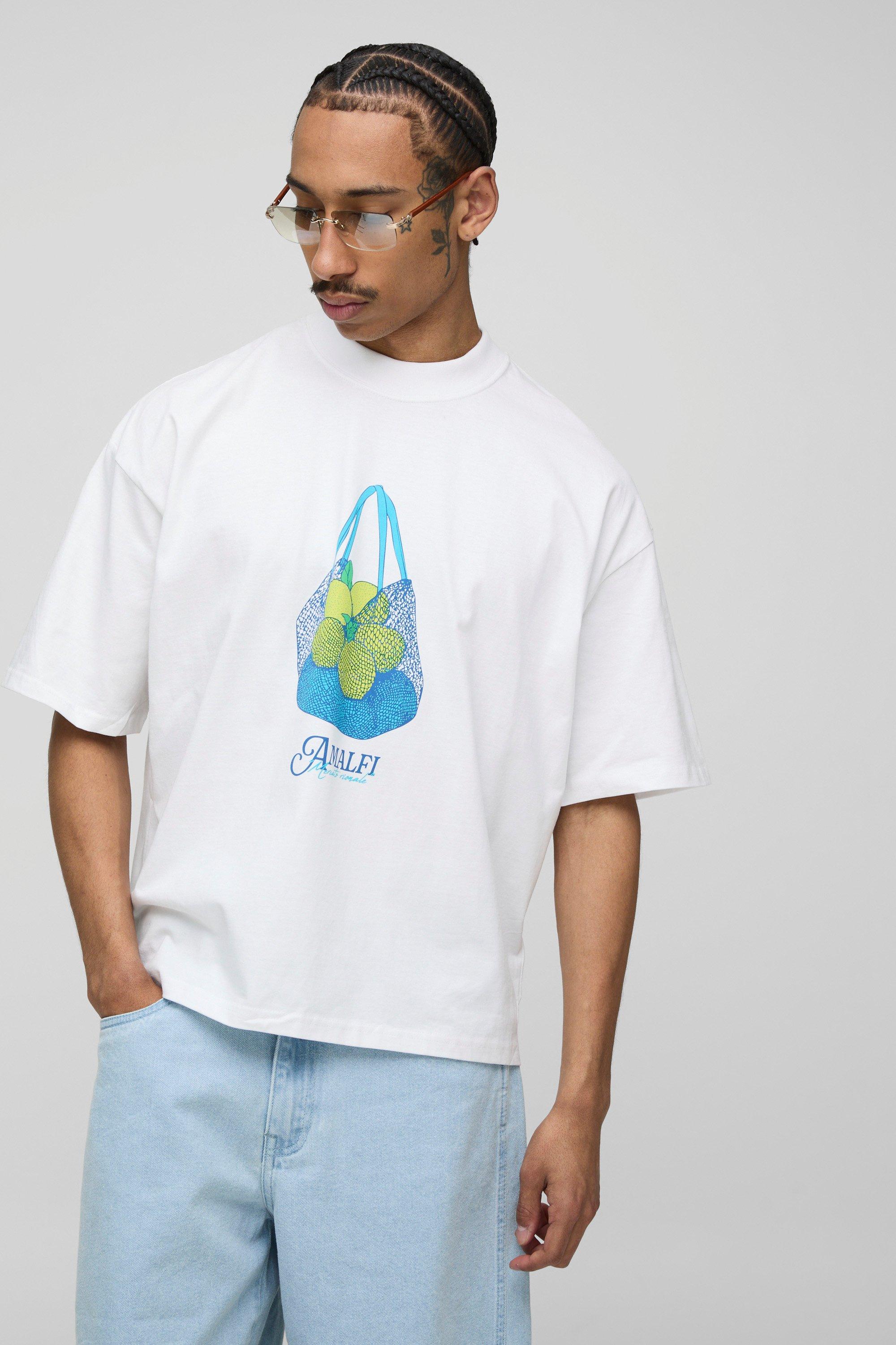 White Oversized Boxy Extended Neck Lemon Tote Basket Graphic T-Shirt | boohooMAN USA