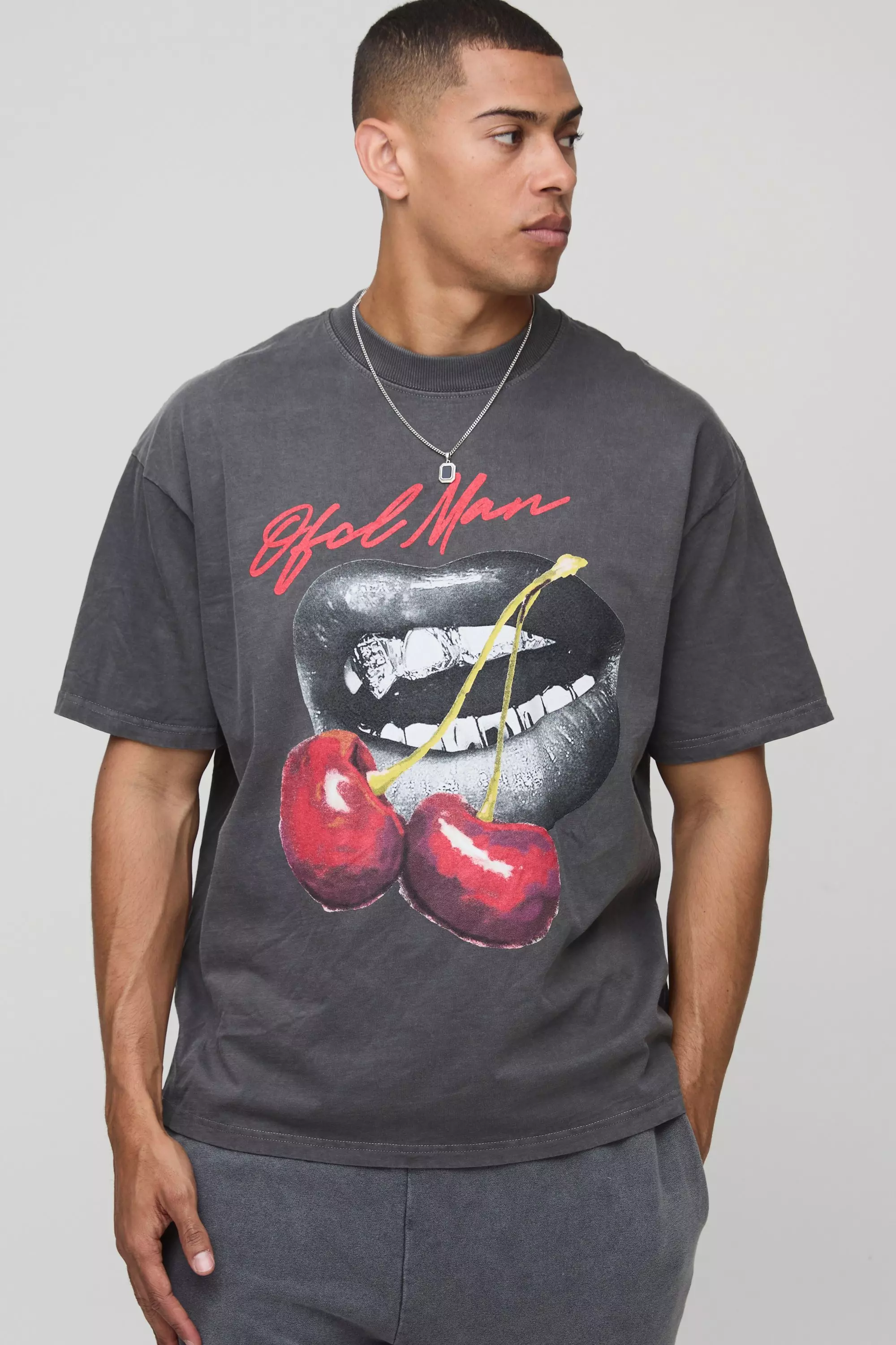 Charcoal Oversized Extended Neck Washed Cherry Lips Graphic T-Shirt | boohooMAN USA