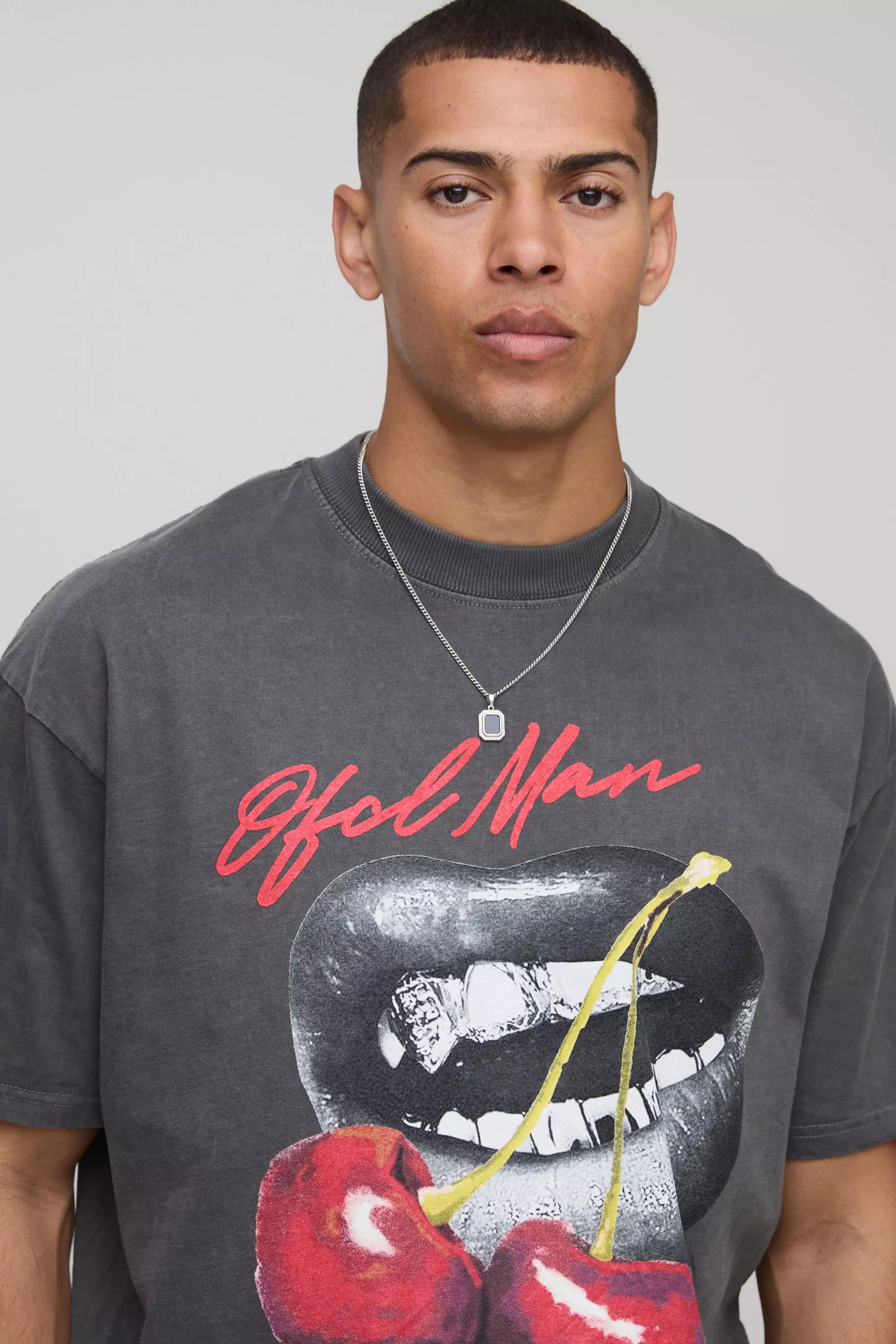 Charcoal Oversized Extended Neck Washed Cherry Lips Graphic T-Shirt | boohooMAN USA