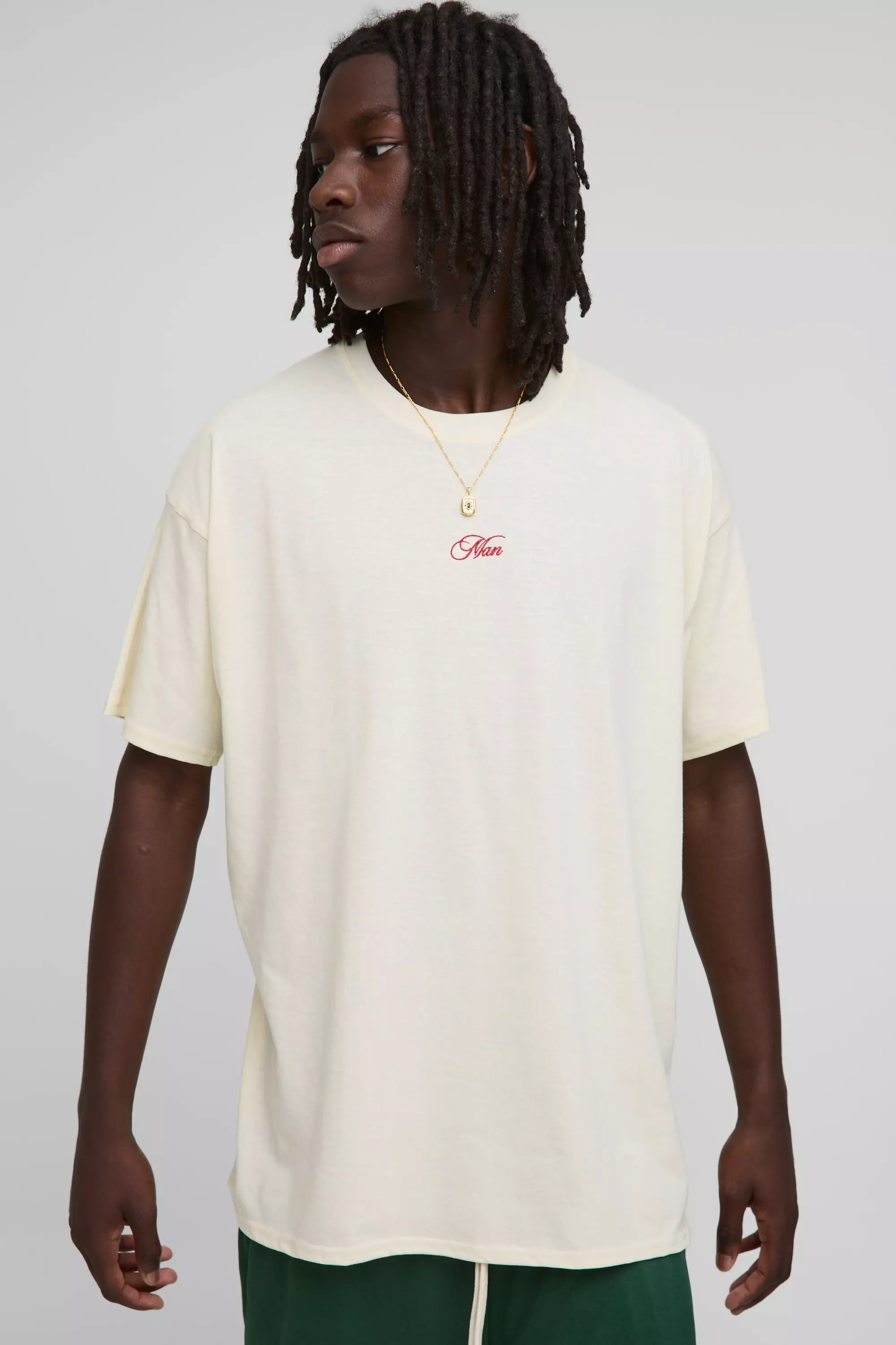 Ecru Oversized Embroidered MAN T-Shirt Ecru